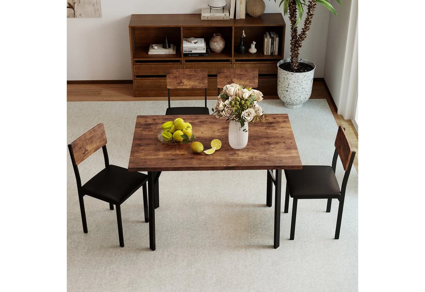 COSTWAY Essgruppe 5-tlg. Tisch & 4 Kunstlederstühle Metallbeine Braun/Schwarz