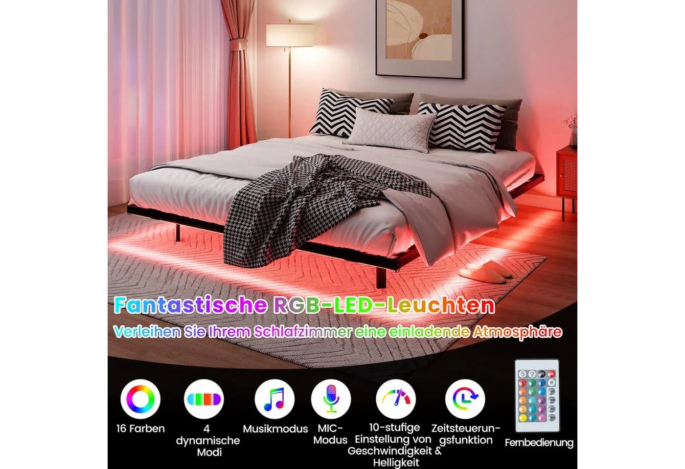 COSTWAY Schwebebettgestell Doppelbett 160x200 cm mit LED