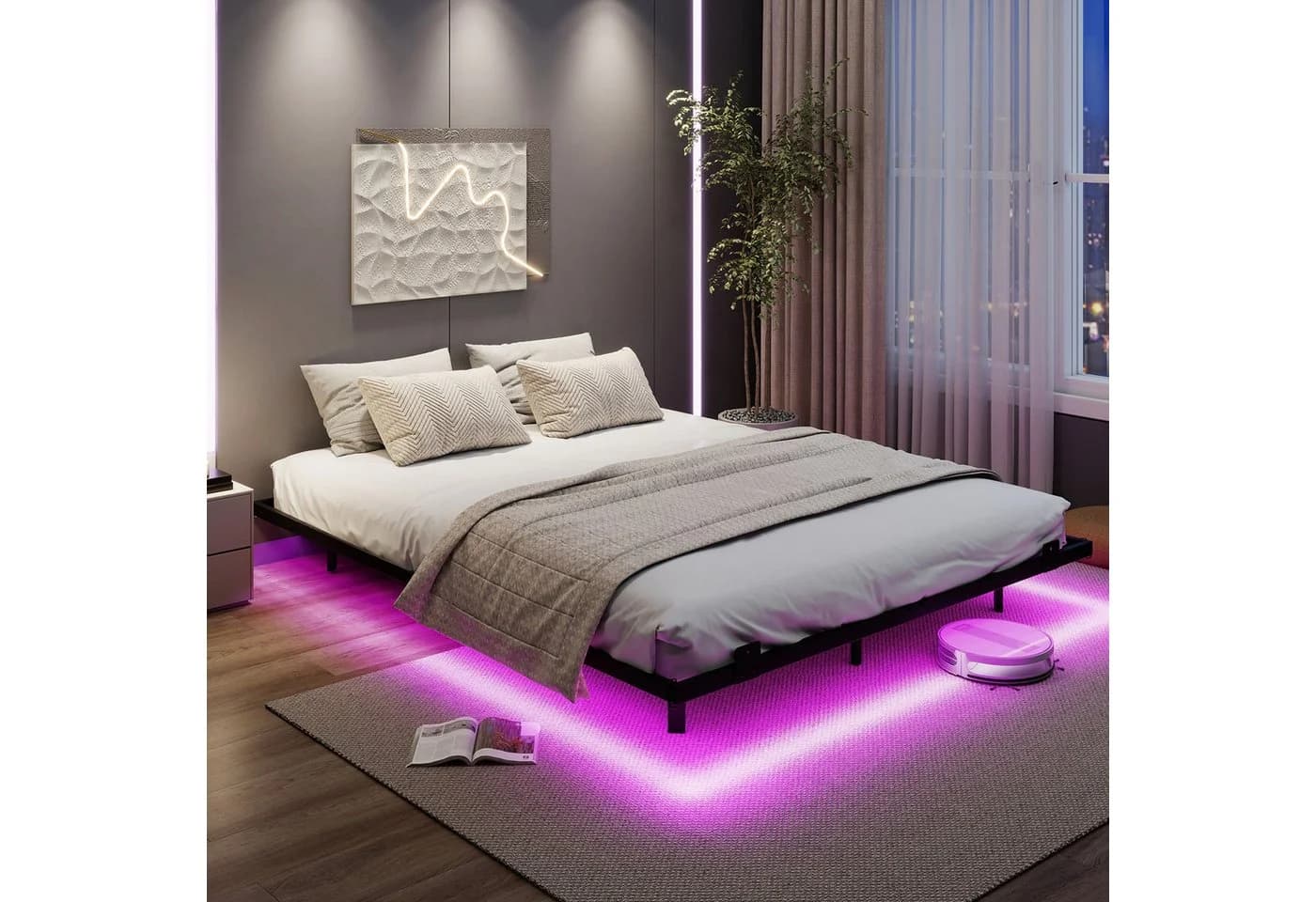 COSTWAY Schwebebettgestell Doppelbett 160x200 cm mit LED - Bild 2