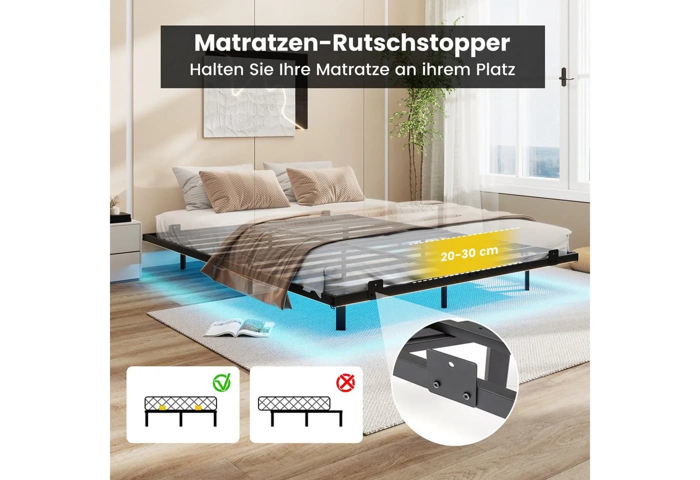 COSTWAY Schwebebettgestell Doppelbett 160x200 cm mit LED - Bild 5