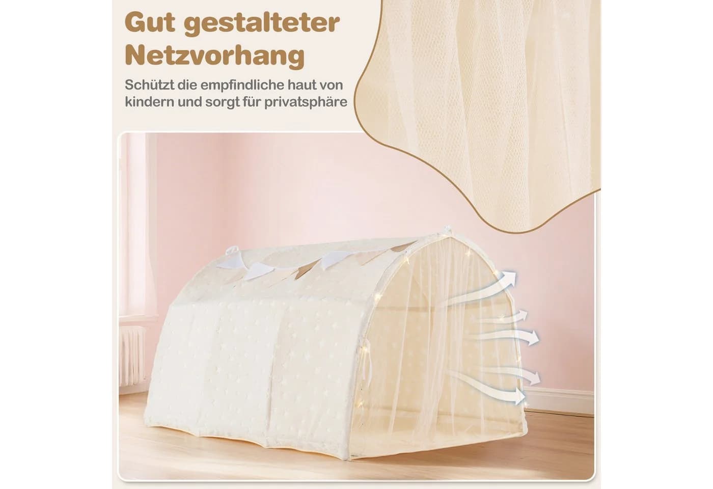 COSTWAY Bettzelt Magischer Spielzelt mit Leuchtsternen & Netzvorhängen Beige - Bild 3