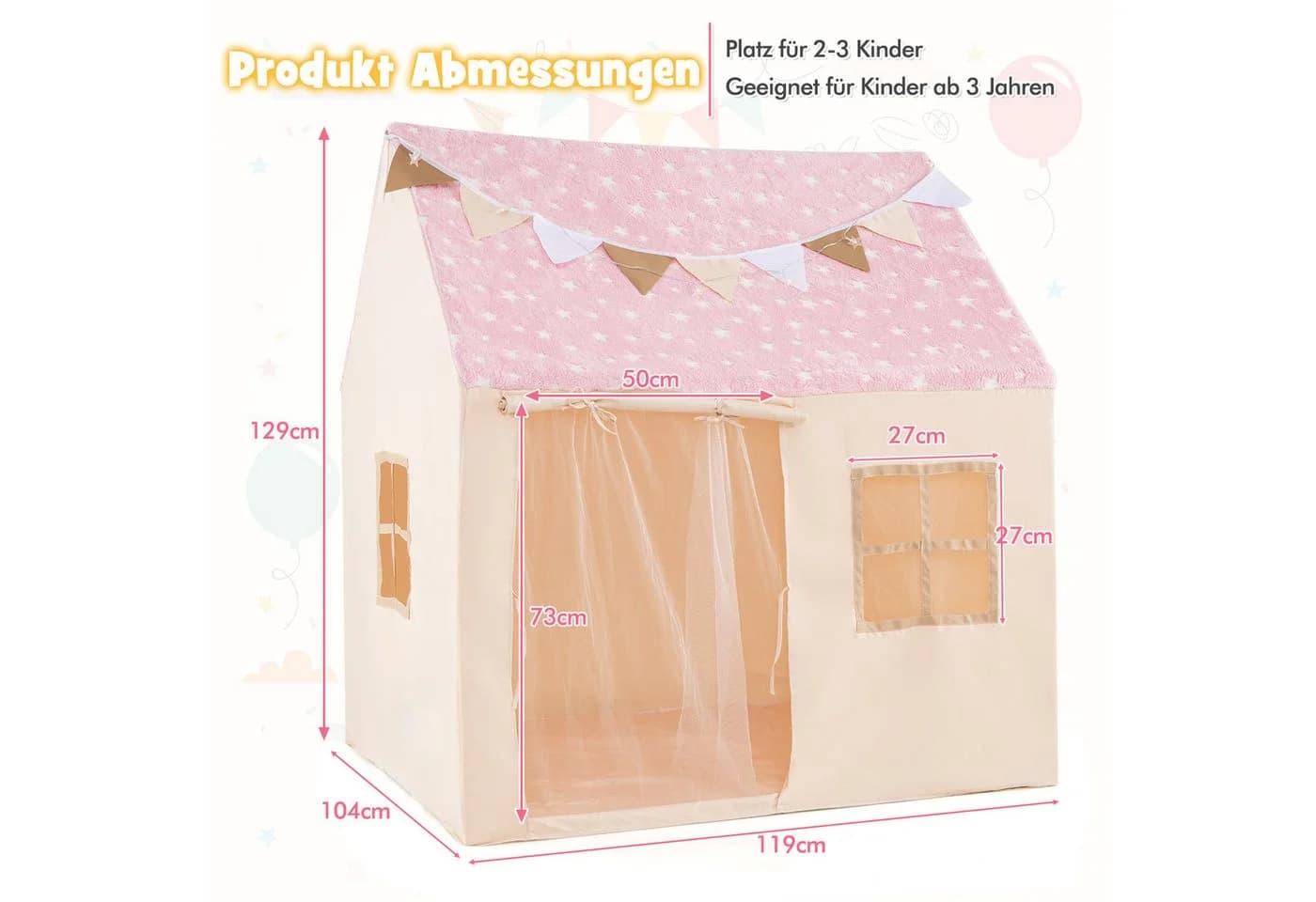 COSTWAY Spielzelt Kinder Spielzelt Rosa 119 x 104 x 129 cm - Bild 3