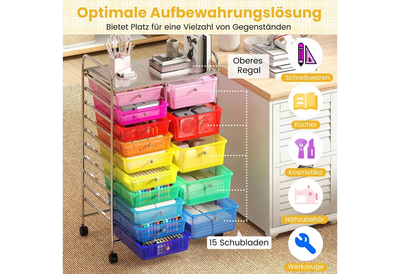 COSTWAY Rollwagen 15 Schubladen Metallgestell