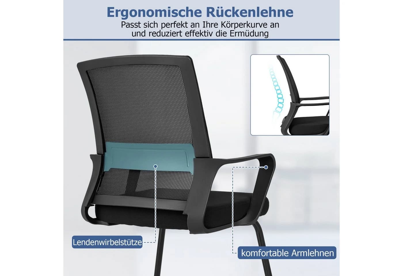 COSTWAY Bürostuhl Schwarz mit Armlehne & Lendenwirbelstütze - Bild 4
