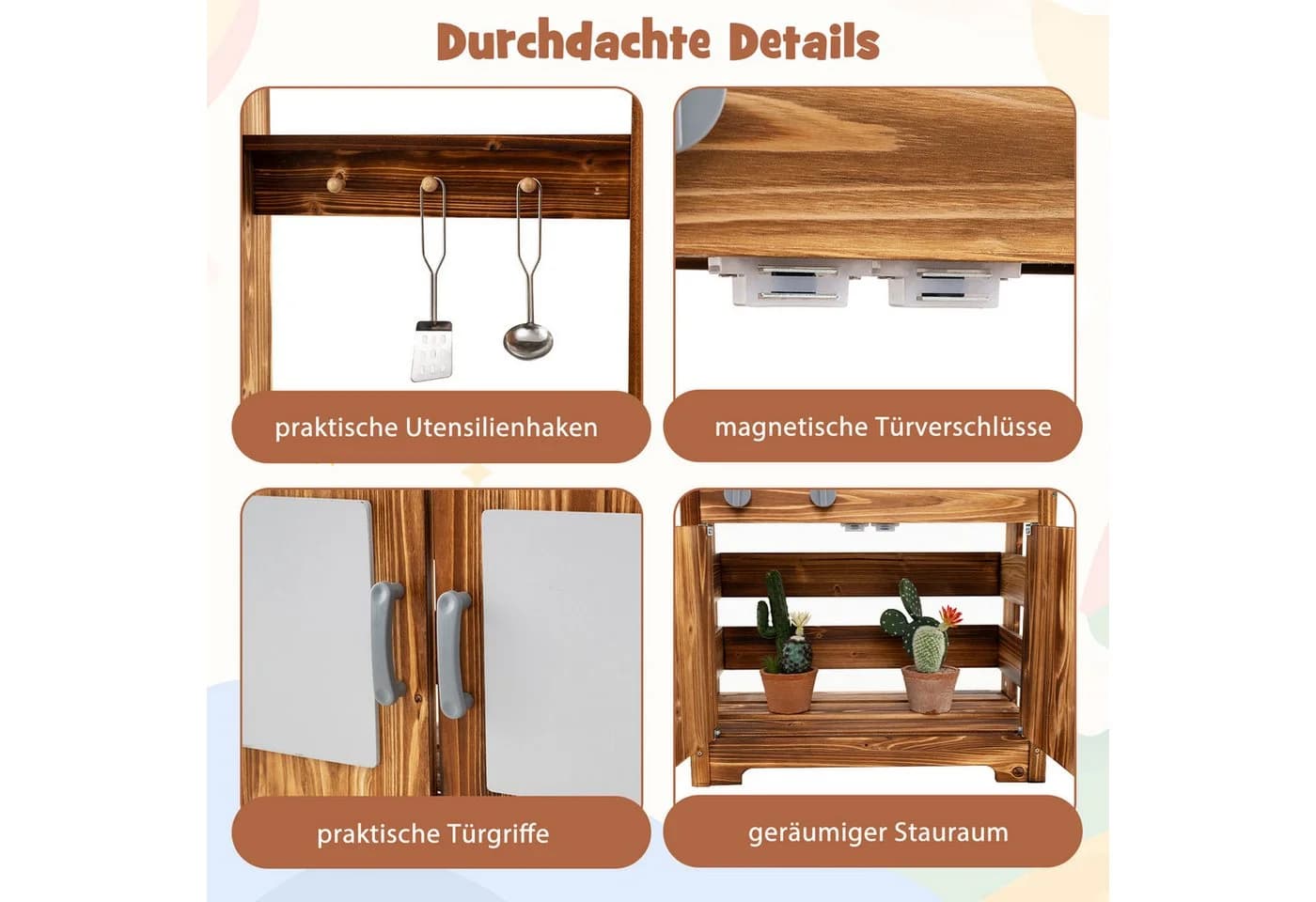 KOMFOTTEU Outdoor-Spielküche Braun mit Pflanztöpfen & Zubehör