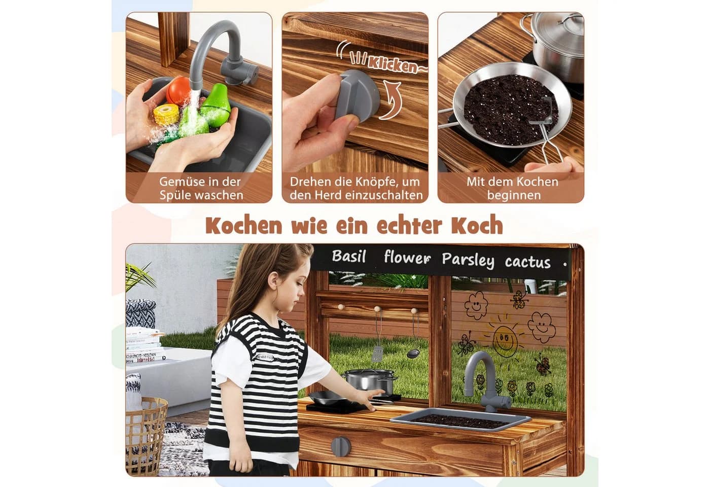 KOMFOTTEU Outdoor-Spielküche Braun mit Pflanztöpfen & Zubehör - Bild 3