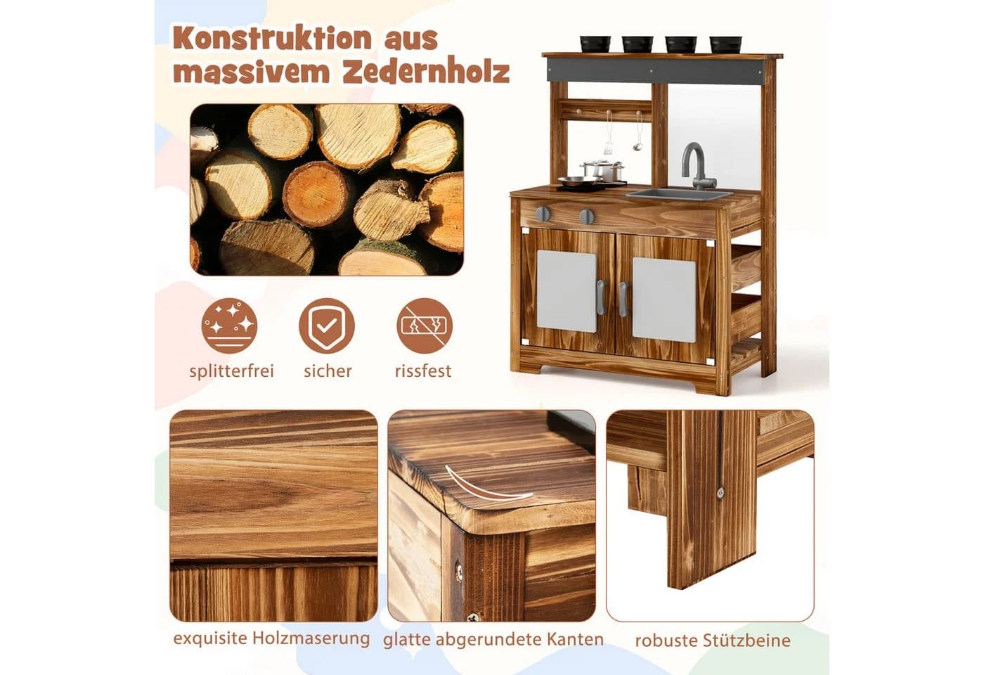 KOMFOTTEU Outdoor-Spielküche Braun mit Pflanztöpfen & Zubehör - Bild 4