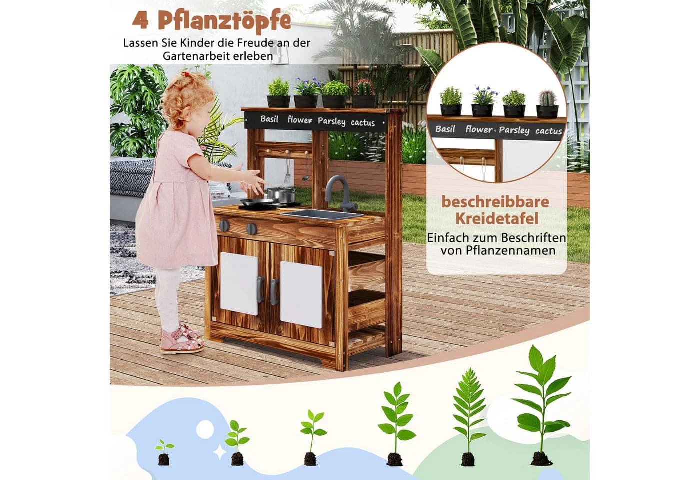KOMFOTTEU Outdoor-Spielküche Braun mit Pflanztöpfen & Zubehör - Bild 5