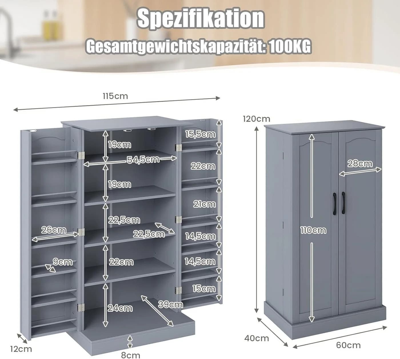 KOMFOTTEU Vorratsschrank Küchenschrank Grau - Bild 3