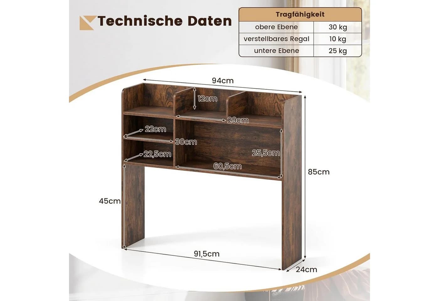 KOMFOTTEU Regal-Schreibtisch mit 6 Fächern & Monitorständer - Bild 3