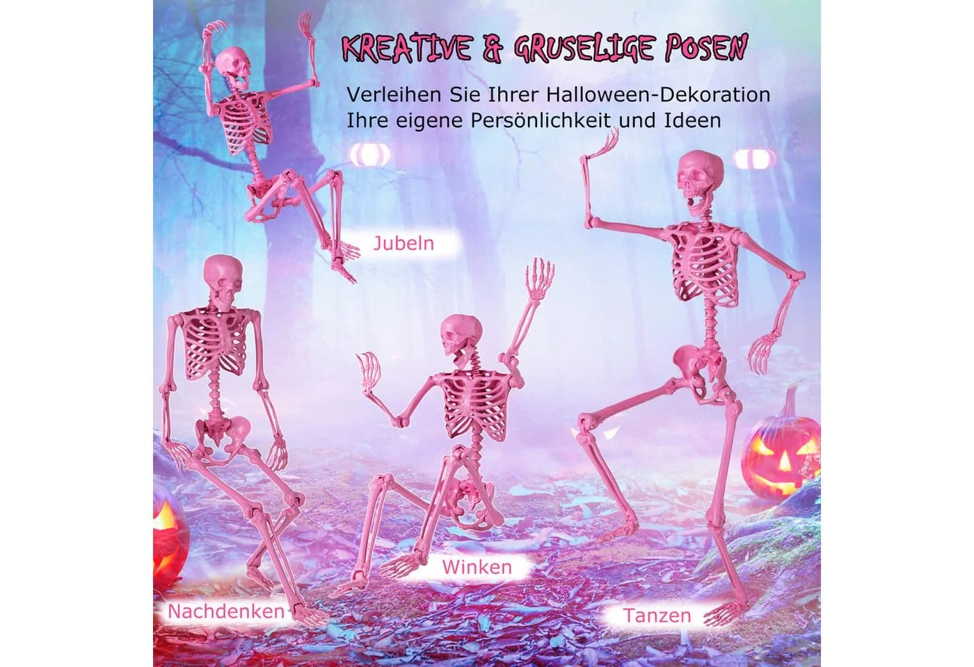KOMFOTTEU Halloween-Skelett Dekoobjekt Rosa 160 cm mit beweglichen Gelenken - Bild 3