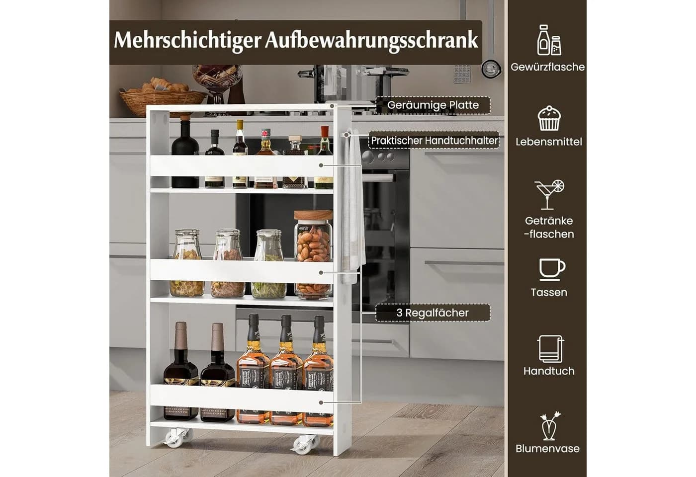 KOMFOTTEU Regalwagen Nischenregal 4 Ebenen mit Griff