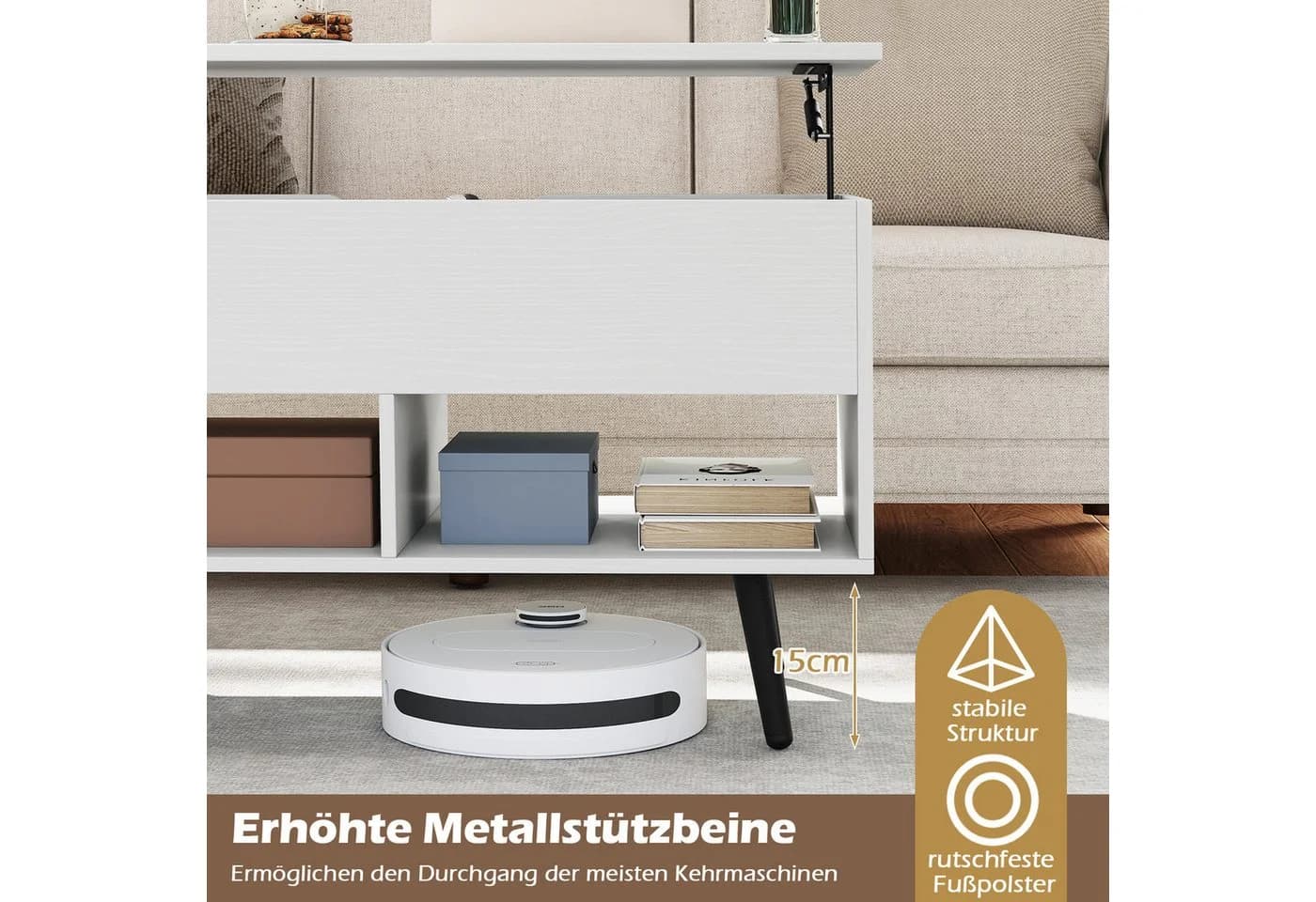 KOMFOTTEU Couchtisch höhenverstellbar mit Stauraum Weiß - Bild 3