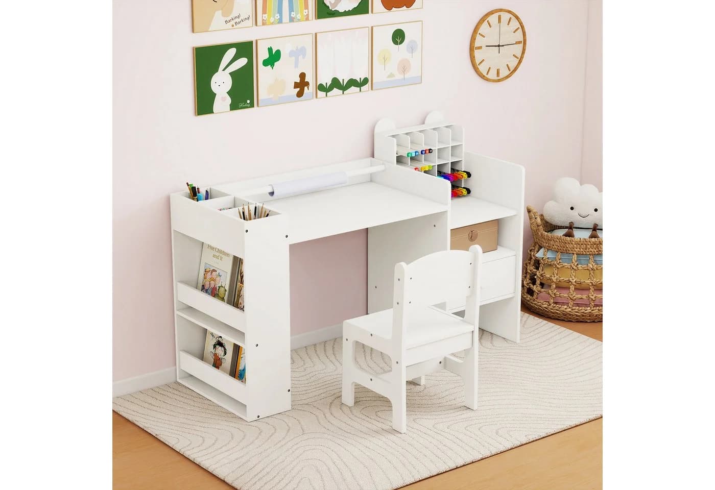COSTWAY Kinderschreibtisch Set mit Papierrollenhalter Weiß