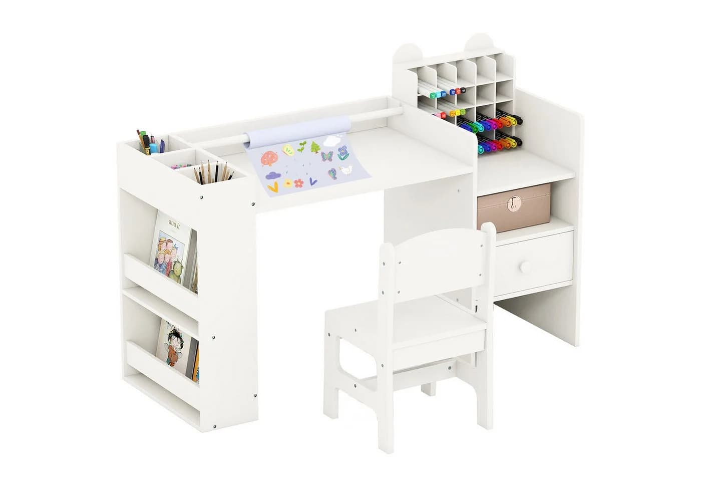 COSTWAY Kinderschreibtisch Set mit Papierrollenhalter Weiß - Bild 2