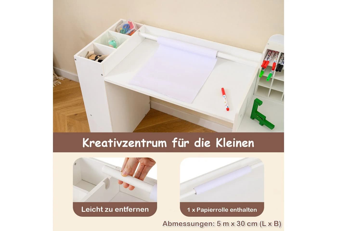 COSTWAY Kinderschreibtisch Set mit Papierrollenhalter Weiß - Bild 3