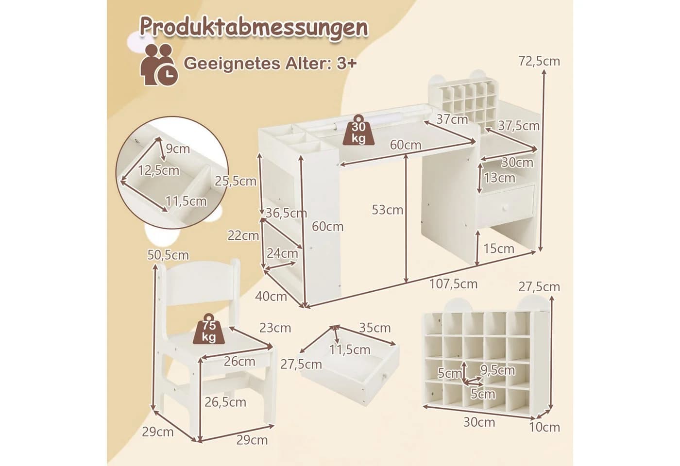 COSTWAY Kinderschreibtisch Set mit Papierrollenhalter Weiß - Bild 5