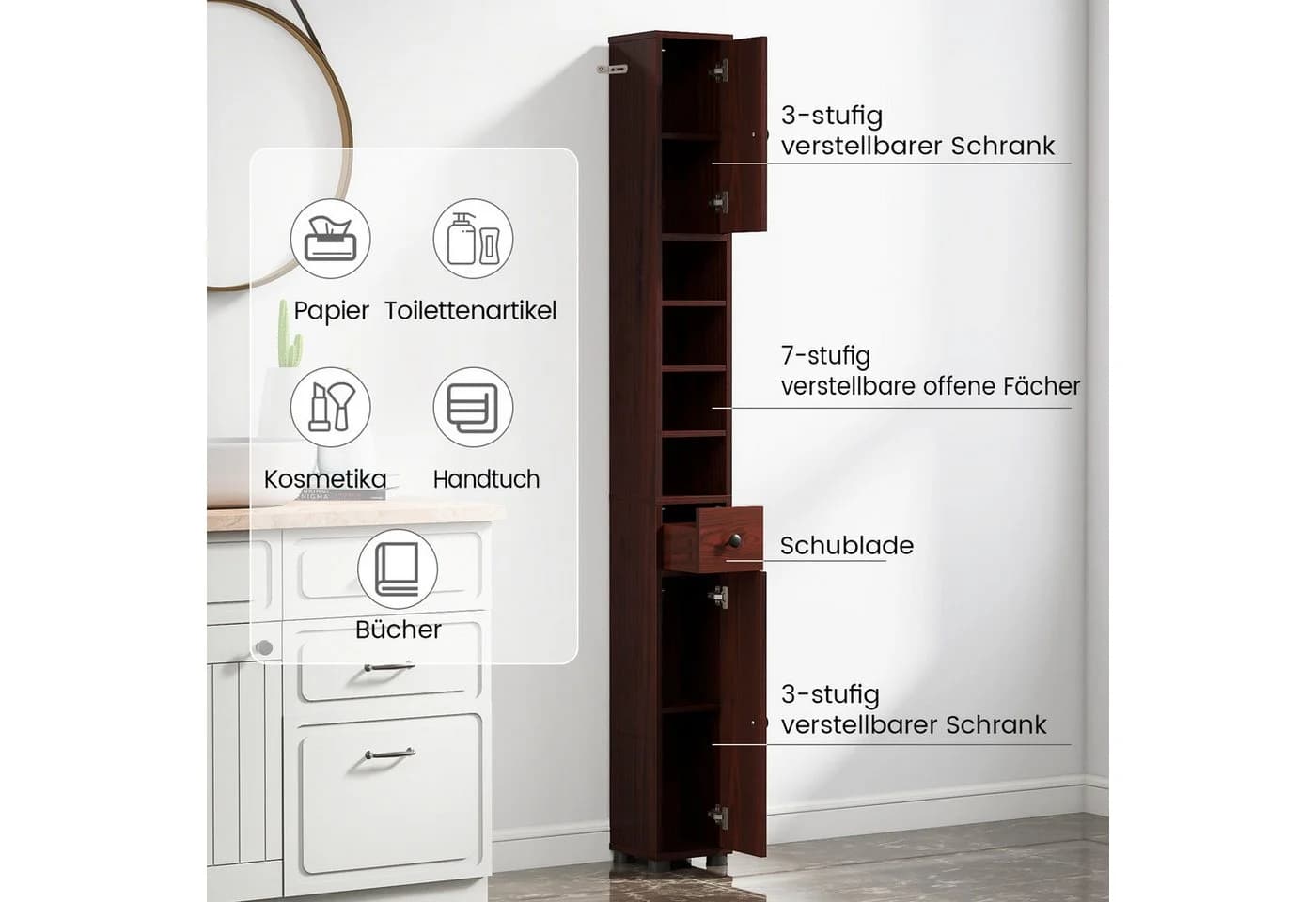 COSTWAY Hochschrank Badschrank schmal verstellbaren Regal Weiß - Bild 3
