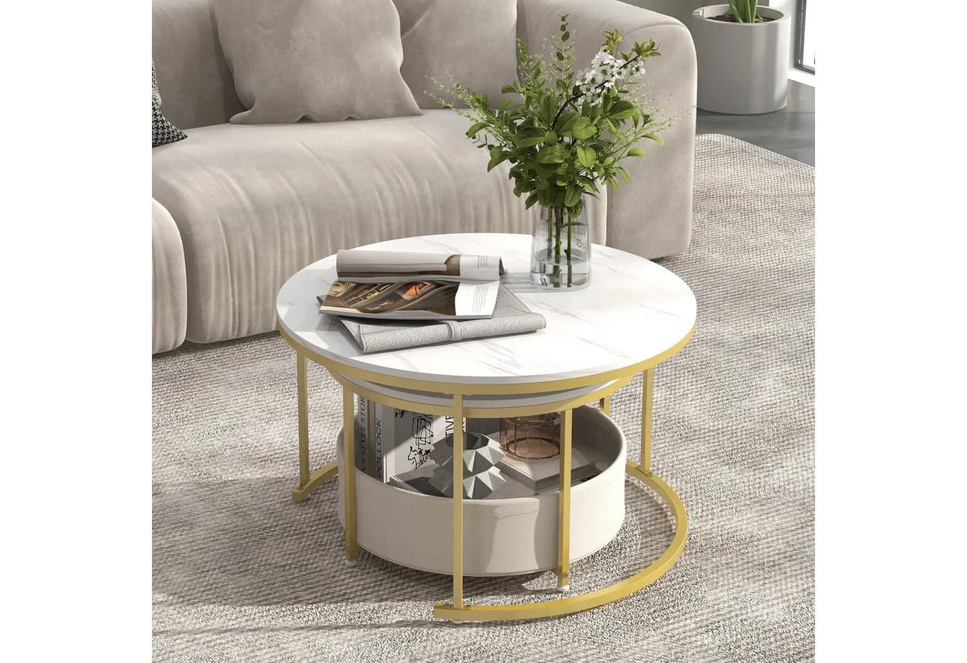COSTWAY Couchtisch-Set 2er Set rund Marmor Gold