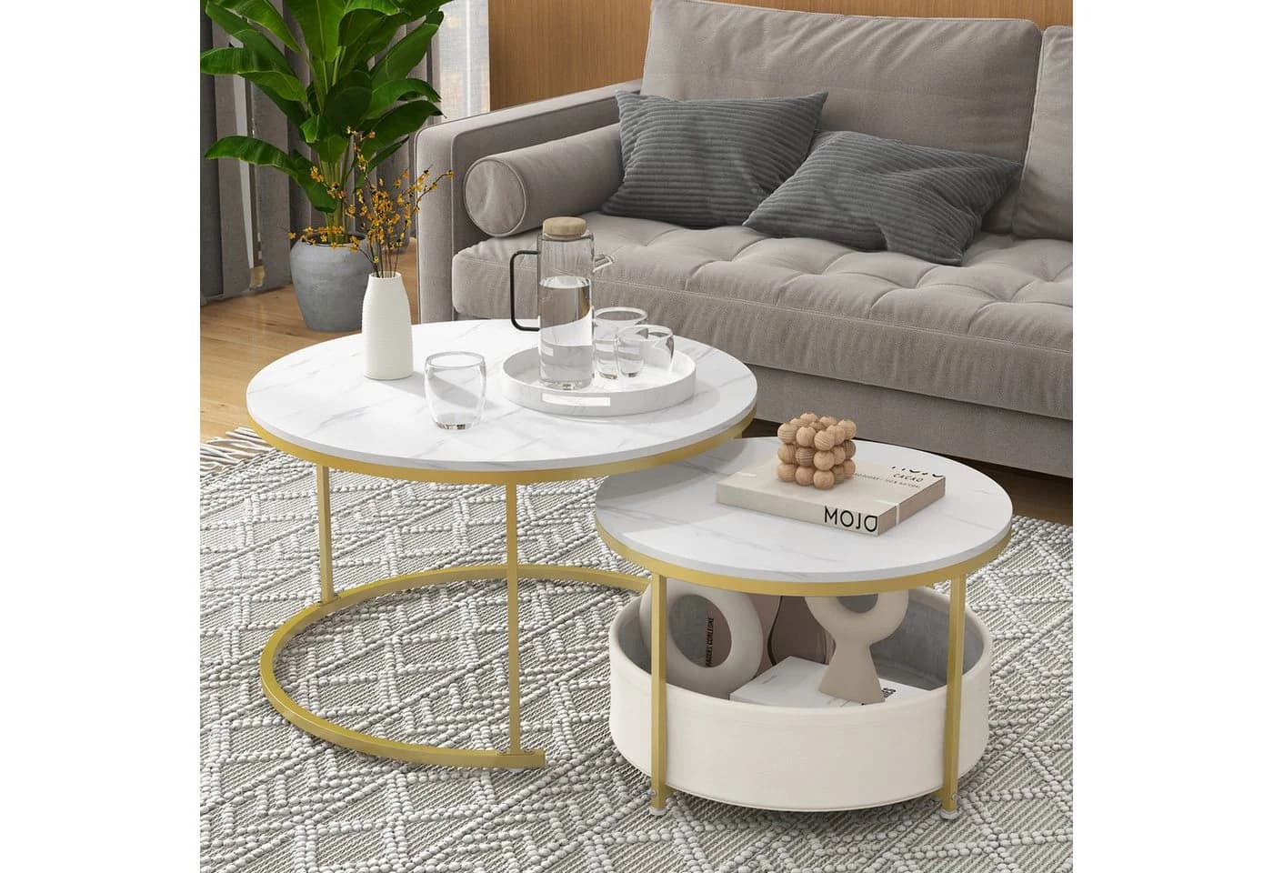 COSTWAY Couchtisch-Set 2er Set rund Marmor Gold - Bild 2