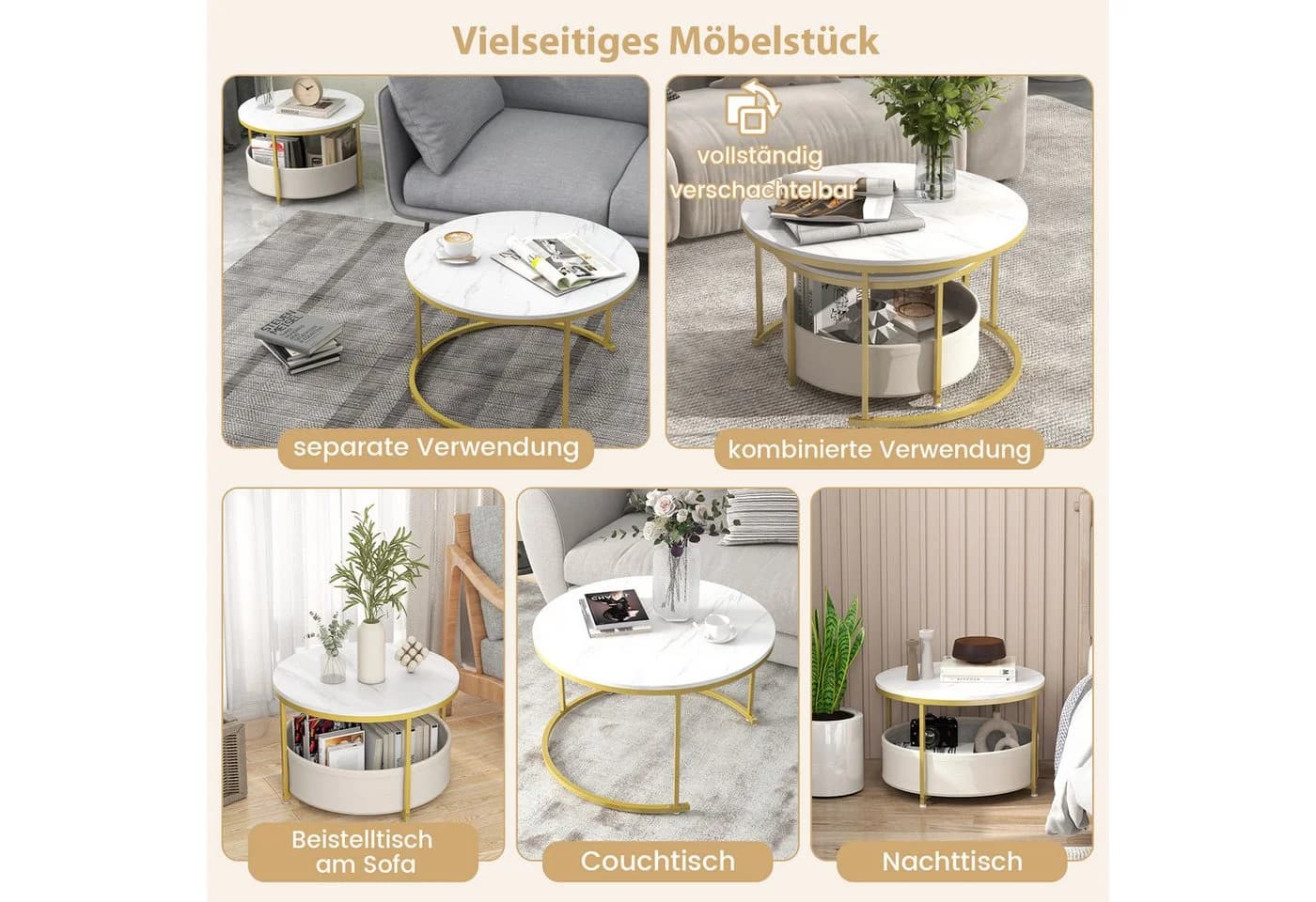 COSTWAY Couchtisch-Set 2er Set rund Marmor Gold - Bild 3