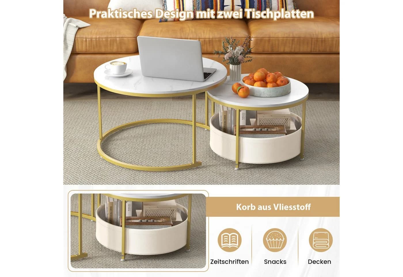 COSTWAY Couchtisch-Set 2er Set rund Marmor Gold - Bild 4