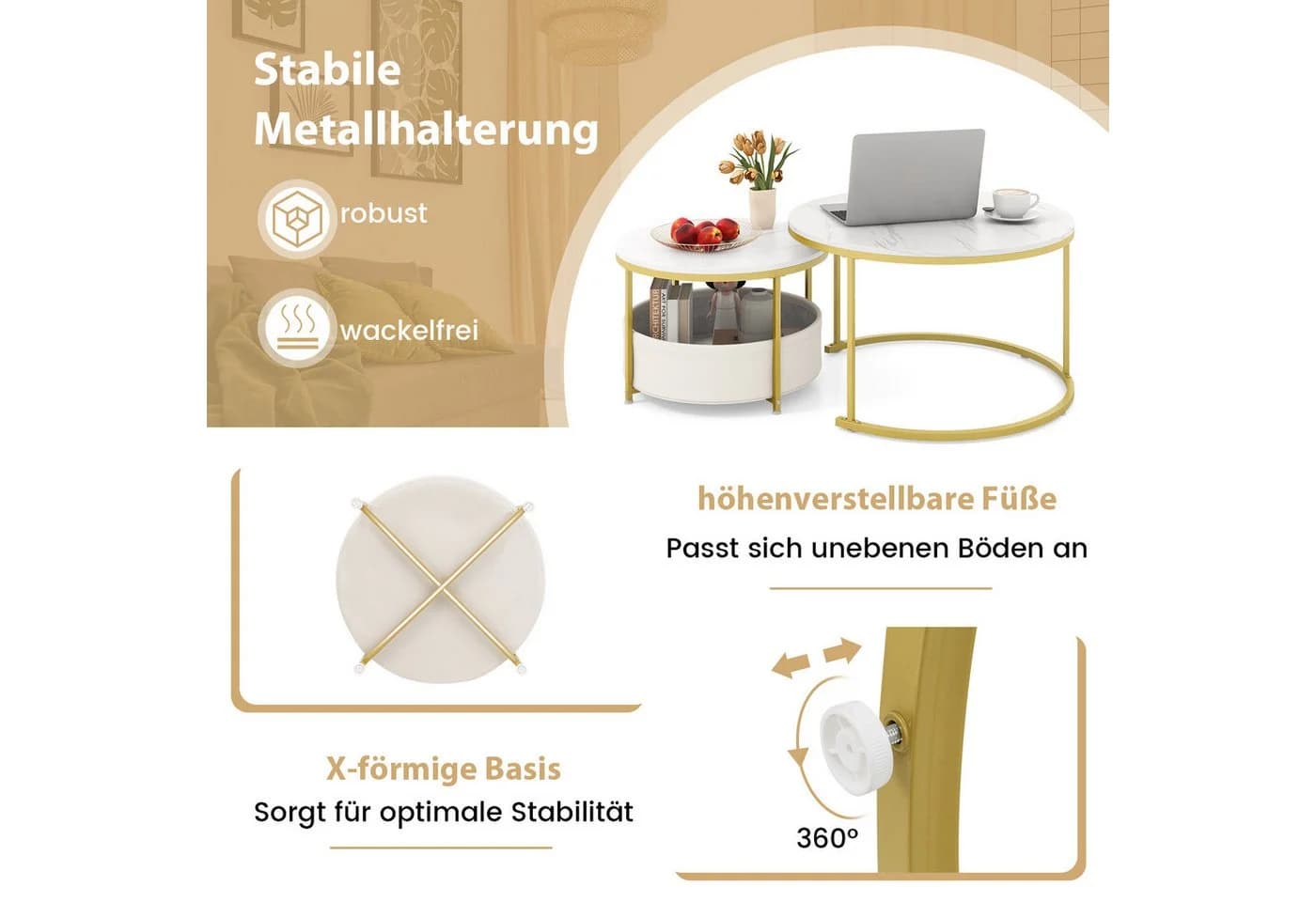 COSTWAY Couchtisch-Set 2er Set rund Marmor Gold - Bild 5