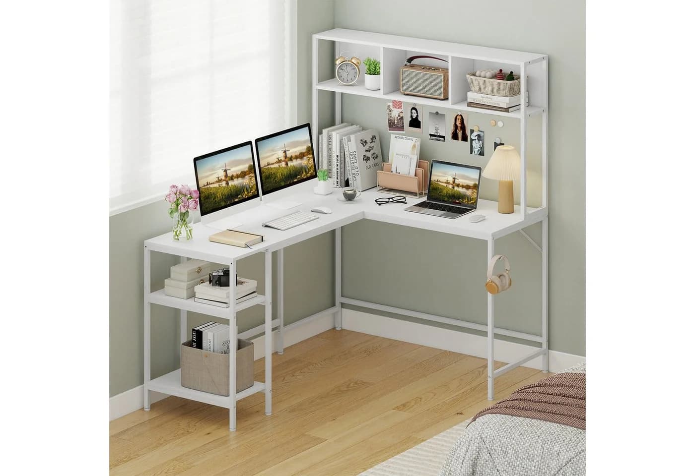 COSTWAY Eckschreibtisch L-förmig 150x120cm mit Bücherregal
