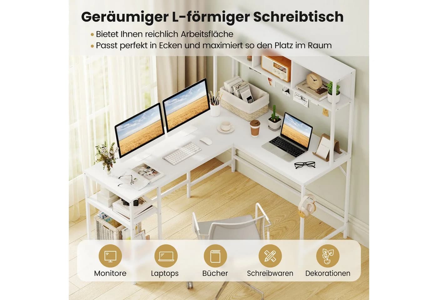 COSTWAY Eckschreibtisch L-förmig 150x120cm mit Bücherregal - Bild 3