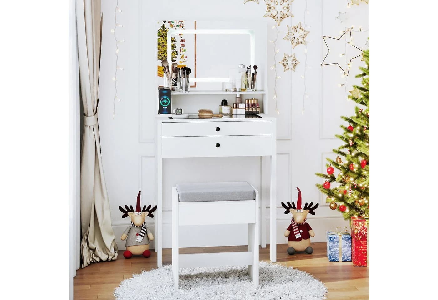 COSTWAY Schminktisch mit Hocker, LED-Spiegel und Steckdosen - Bild 2