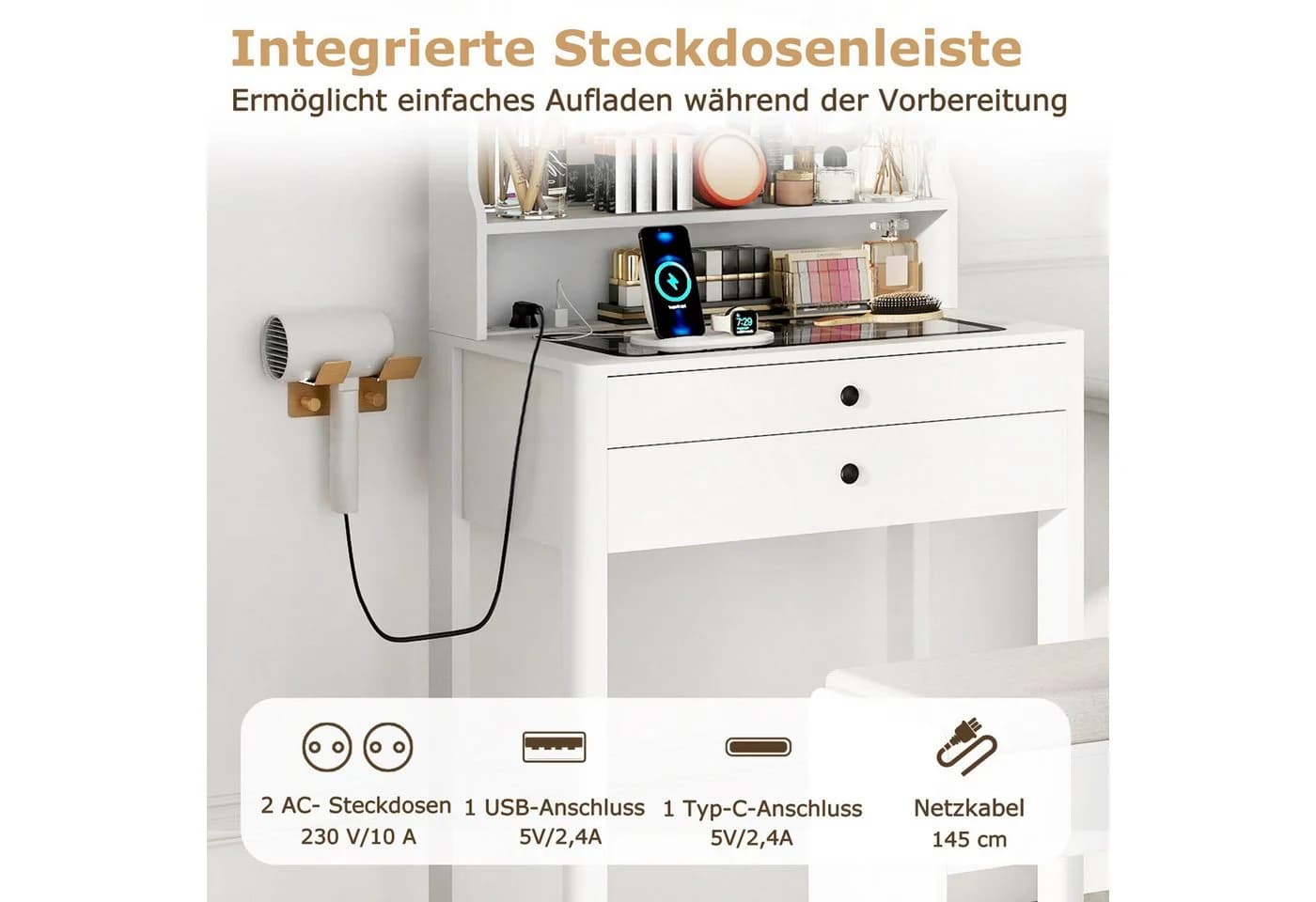 COSTWAY Schminktisch mit Hocker, LED-Spiegel und Steckdosen - Bild 3