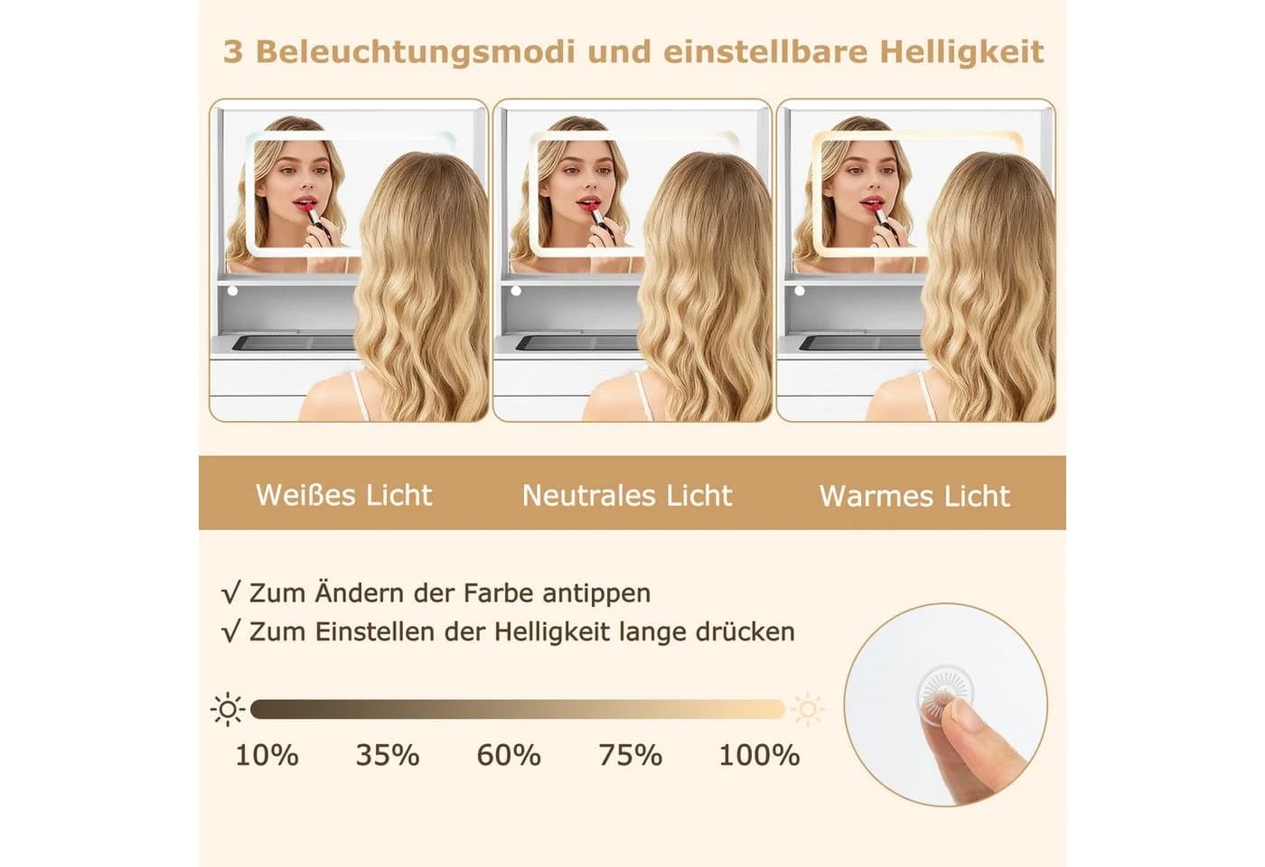 COSTWAY Schminktisch mit Hocker, LED-Spiegel und Steckdosen - Bild 4