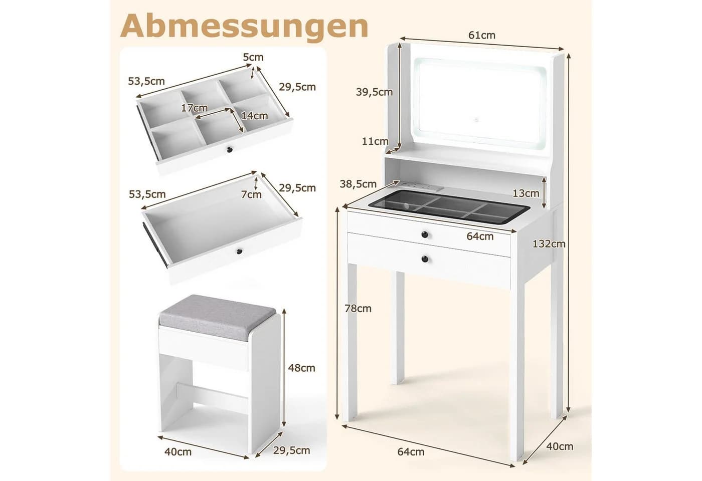 COSTWAY Schminktisch mit Hocker, LED-Spiegel und Steckdosen - Bild 5