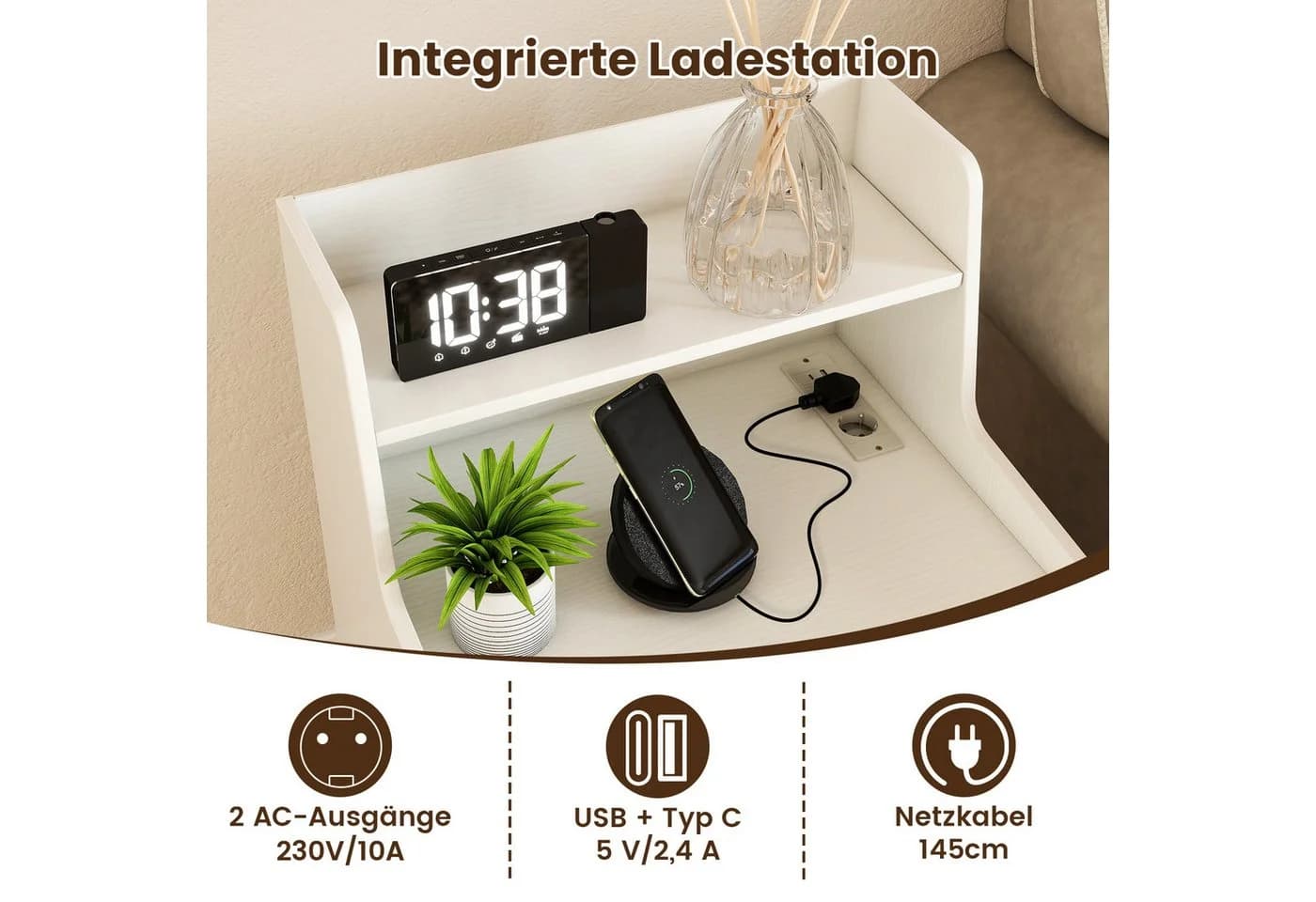 COSTWAY LED-Nachttisch Weiß/Schwarz mit 16 Farben und Lichteffekten