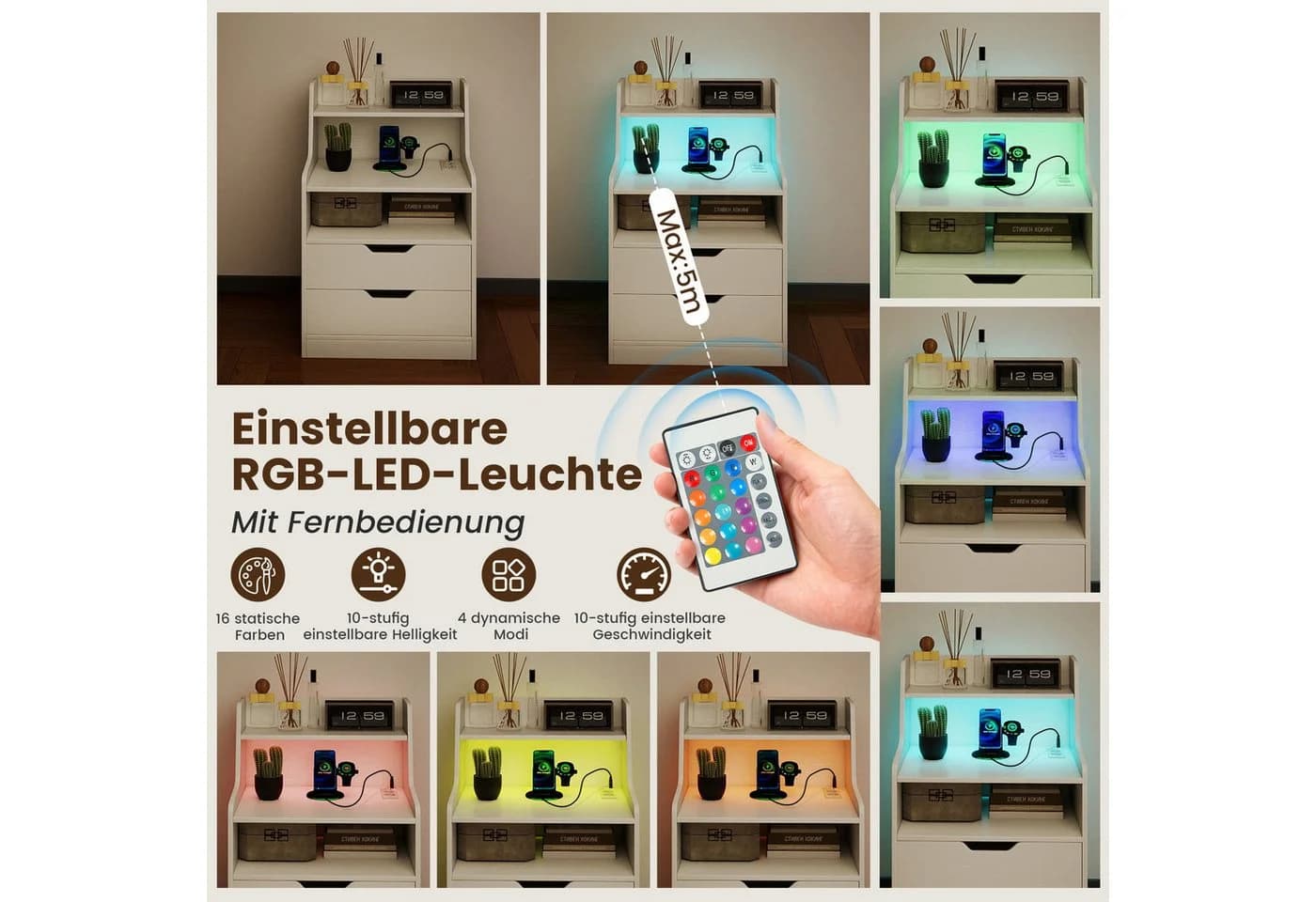 COSTWAY LED-Nachttisch Weiß/Schwarz mit 16 Farben und Lichteffekten - Bild 4