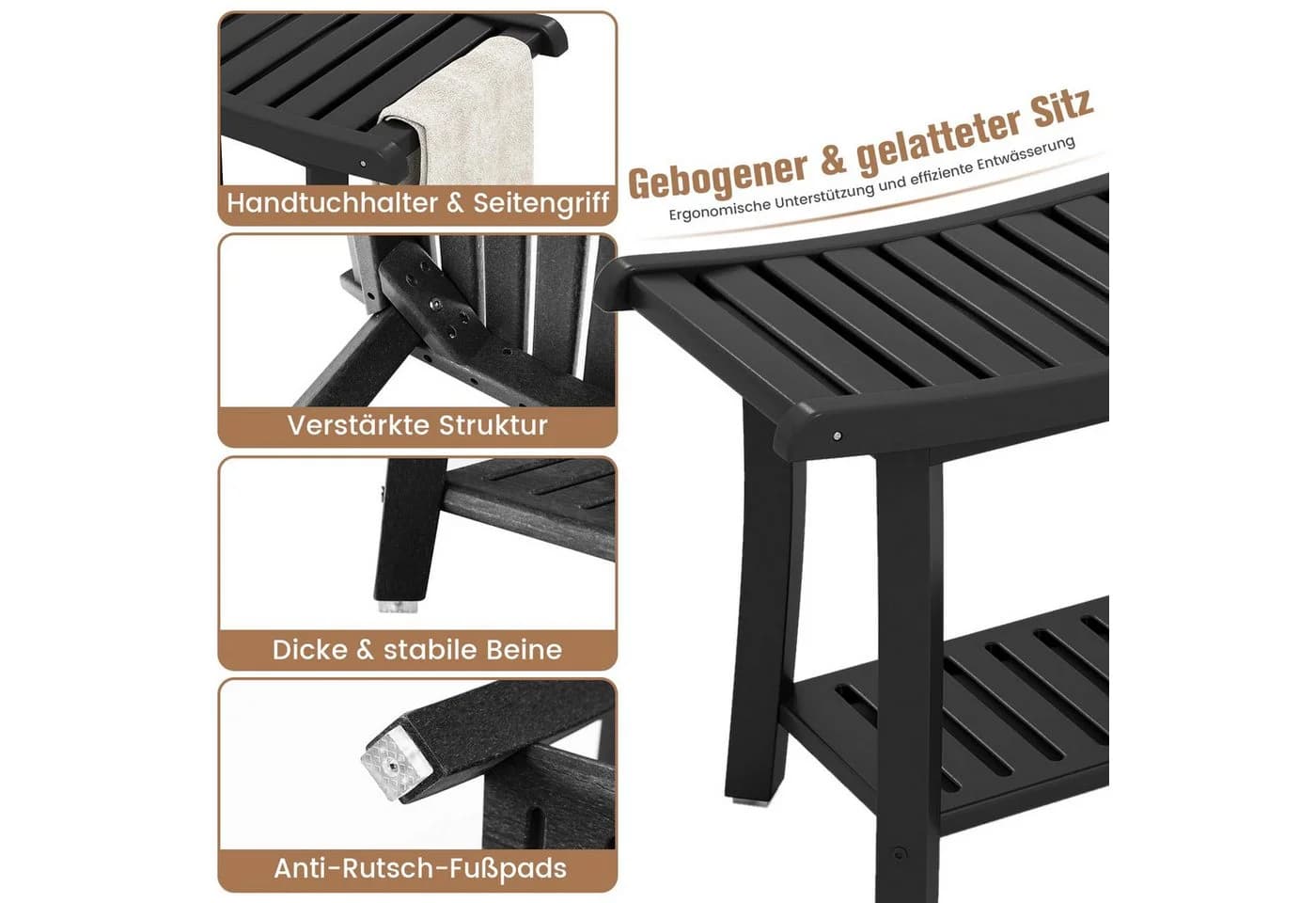COSTWAY Duschhocker mit Ablage Schwarz HDPE - Bild 3
