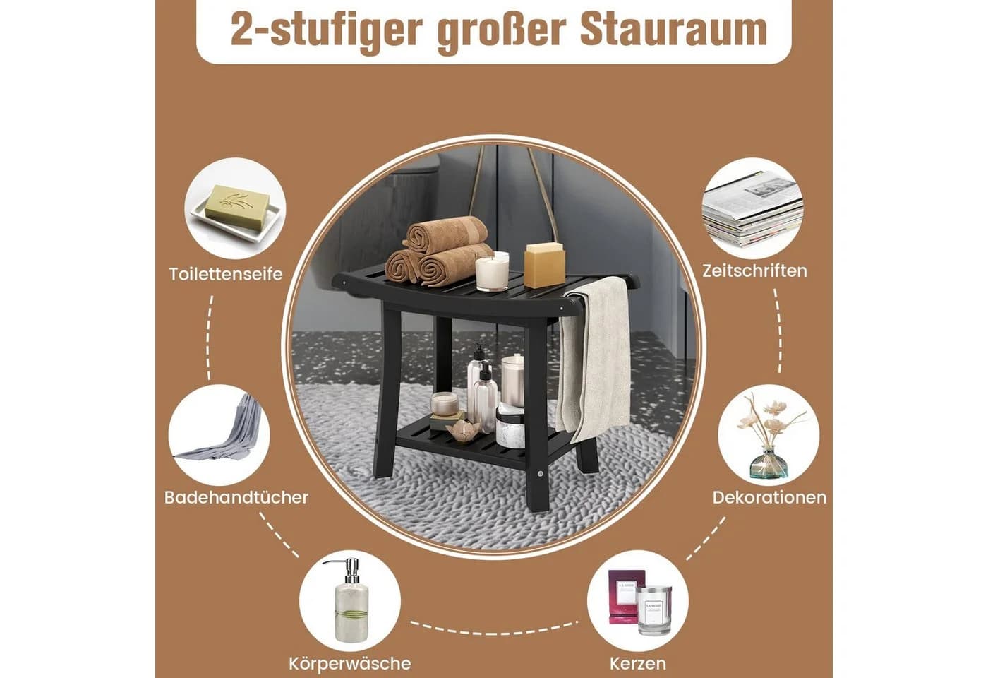 COSTWAY Duschhocker mit Ablage Schwarz HDPE - Bild 4