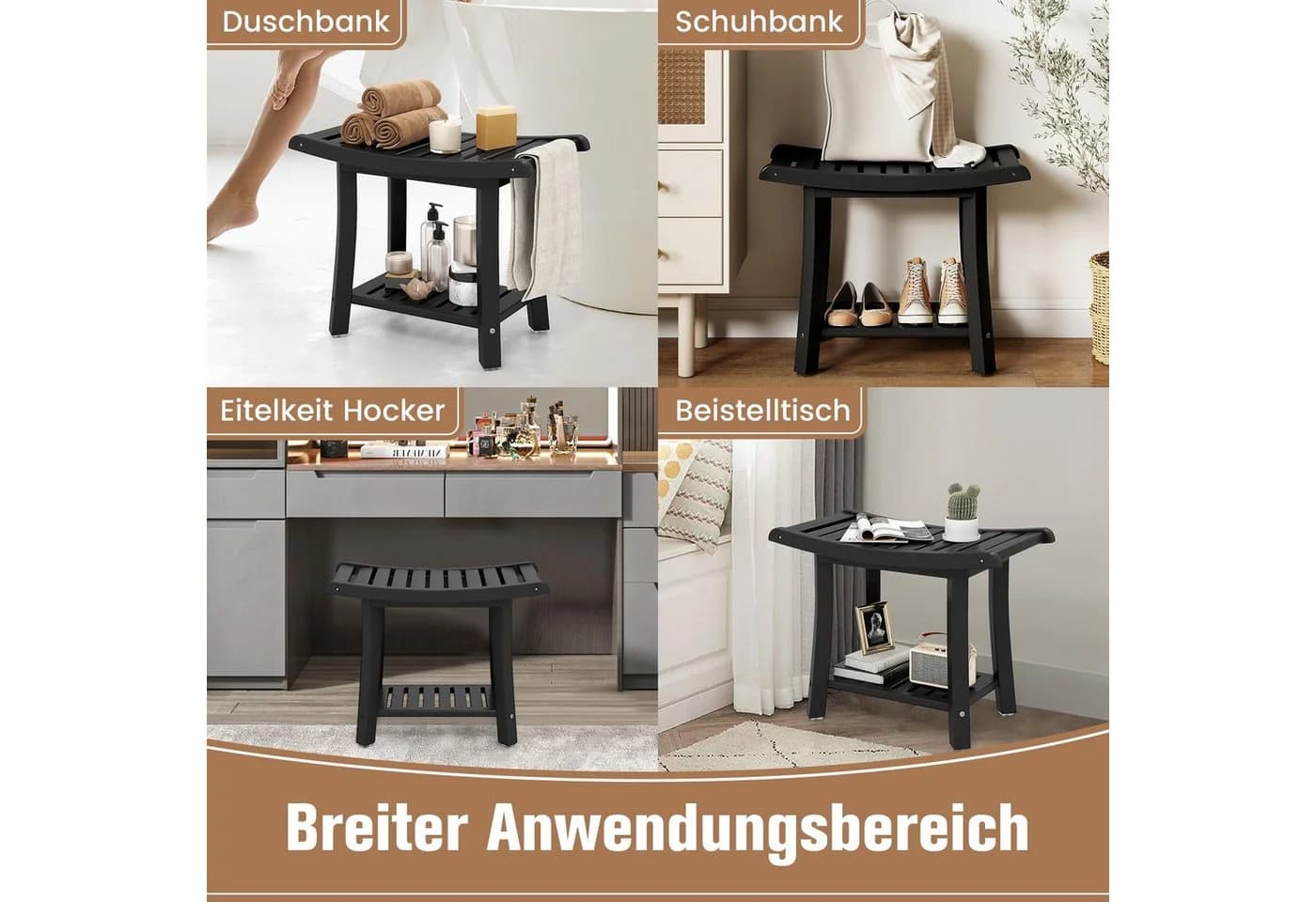 COSTWAY Duschhocker mit Ablage Schwarz HDPE - Bild 5