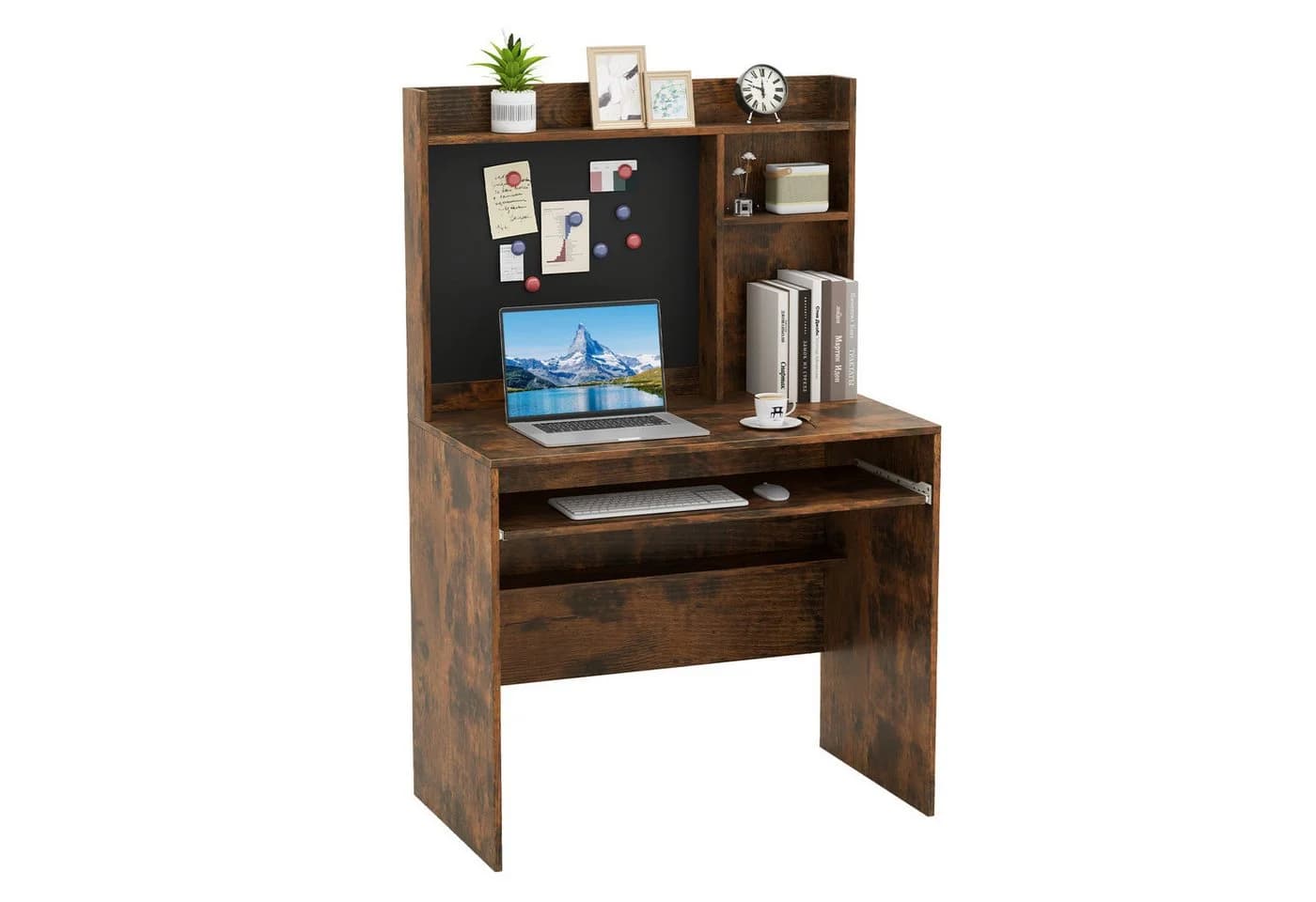 COSTWAY Schreibtisch mit magnetischer Pinnwand & Regalaufsatz Braun/Weiß - Bild 2