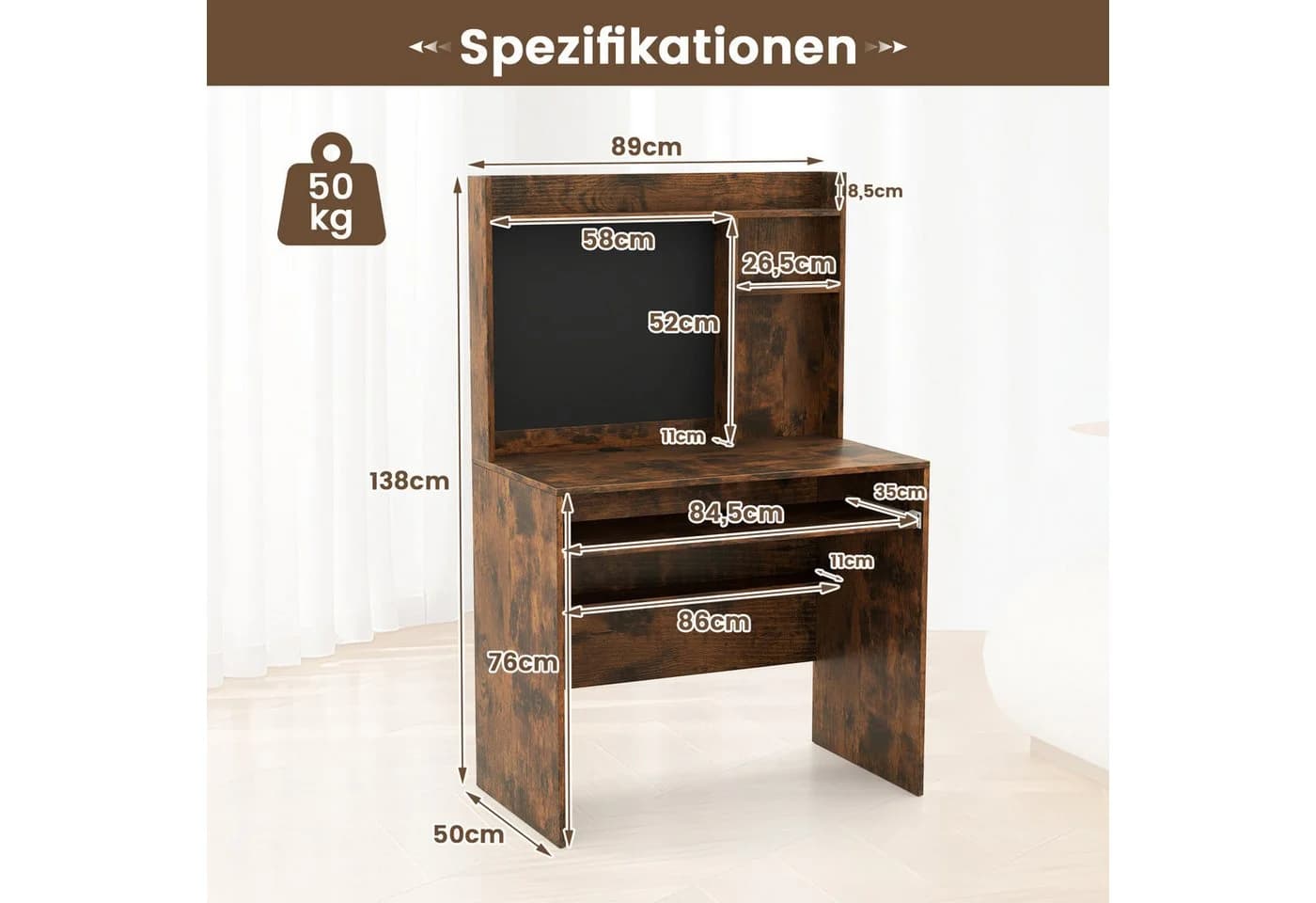 COSTWAY Schreibtisch mit magnetischer Pinnwand & Regalaufsatz Braun/Weiß - Bild 3