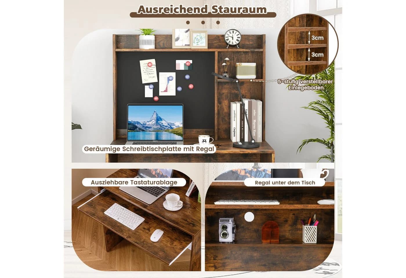 COSTWAY Schreibtisch mit magnetischer Pinnwand & Regalaufsatz Braun/Weiß - Bild 4