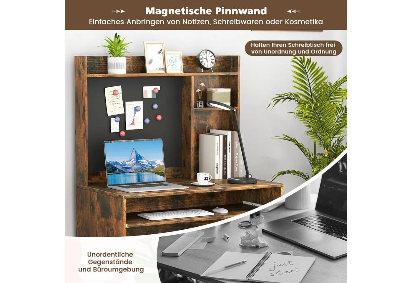 COSTWAY Schreibtisch mit magnetischer Pinnwand & Regalaufsatz Braun/Weiß - Bild 5