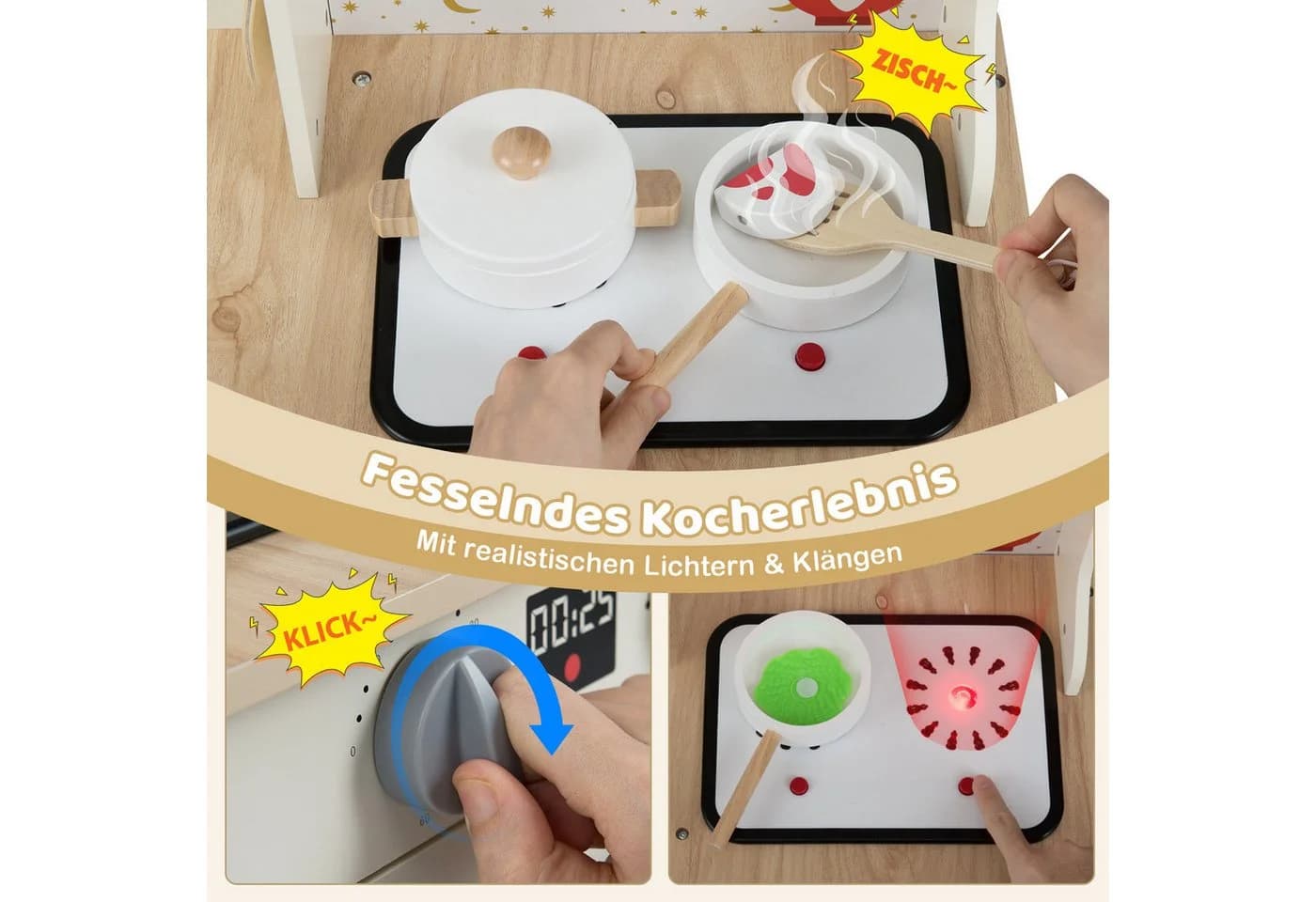 COSTWAY Spielküche Holz Eckküche mit Mikrowelle & Geschirrspüler Beige