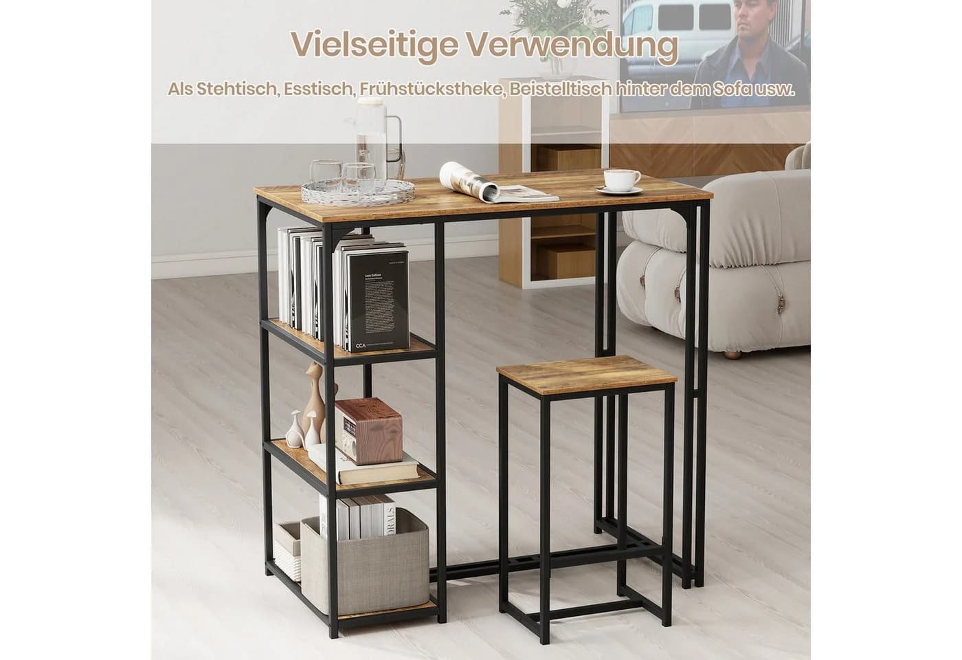 COSTWAY Bartisch Set mit 2 Barhockern Braun Schwarz Industriestil