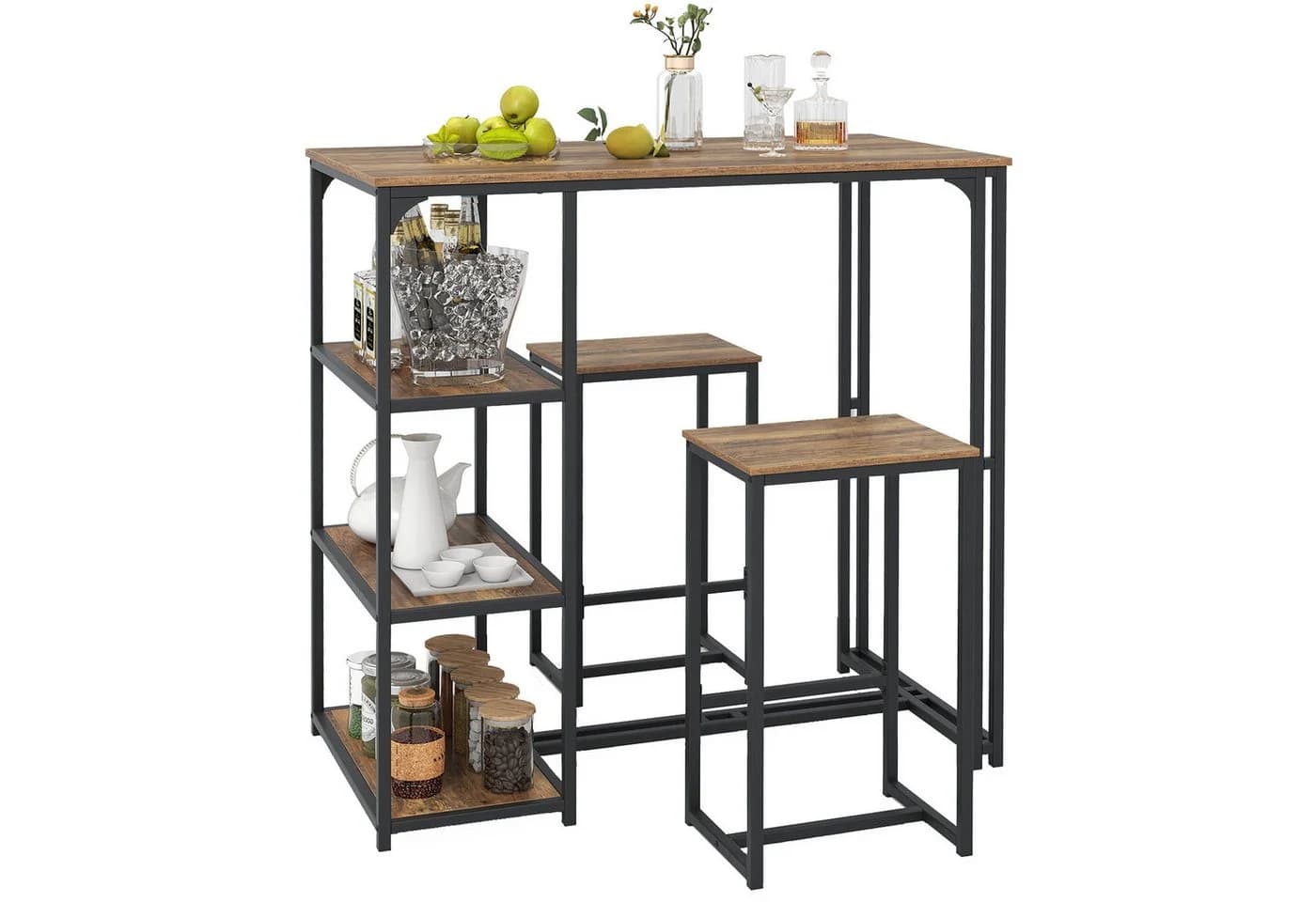 COSTWAY Bartisch Set mit 2 Barhockern Braun Schwarz Industriestil - Bild 2