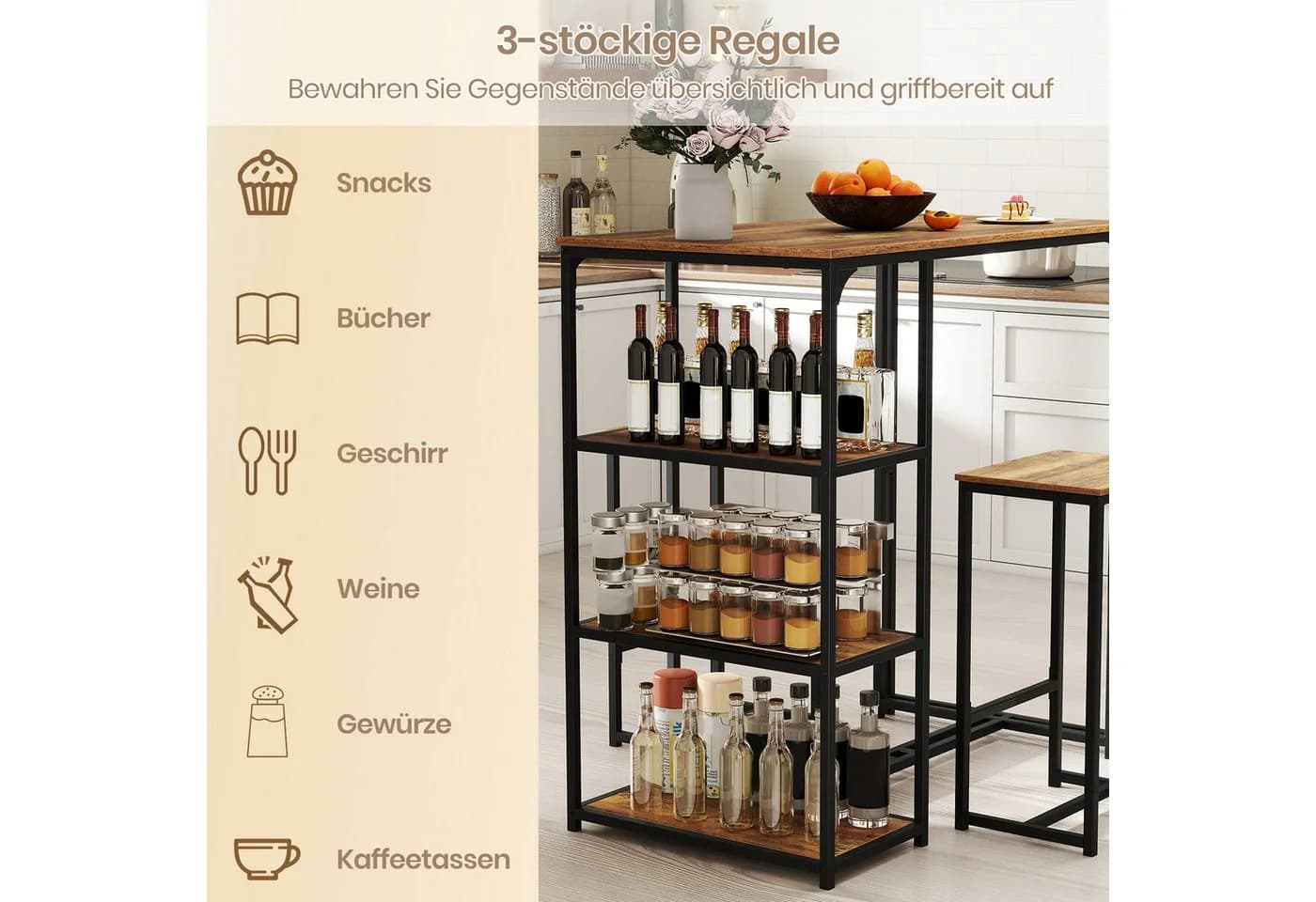 COSTWAY Bartisch Set mit 2 Barhockern Braun Schwarz Industriestil - Bild 3
