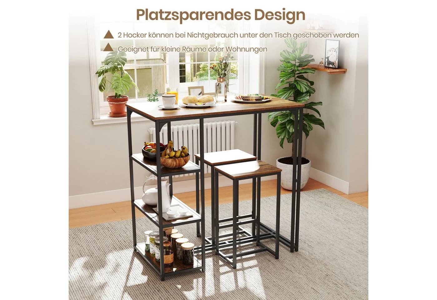 COSTWAY Bartisch Set mit 2 Barhockern Braun Schwarz Industriestil - Bild 4