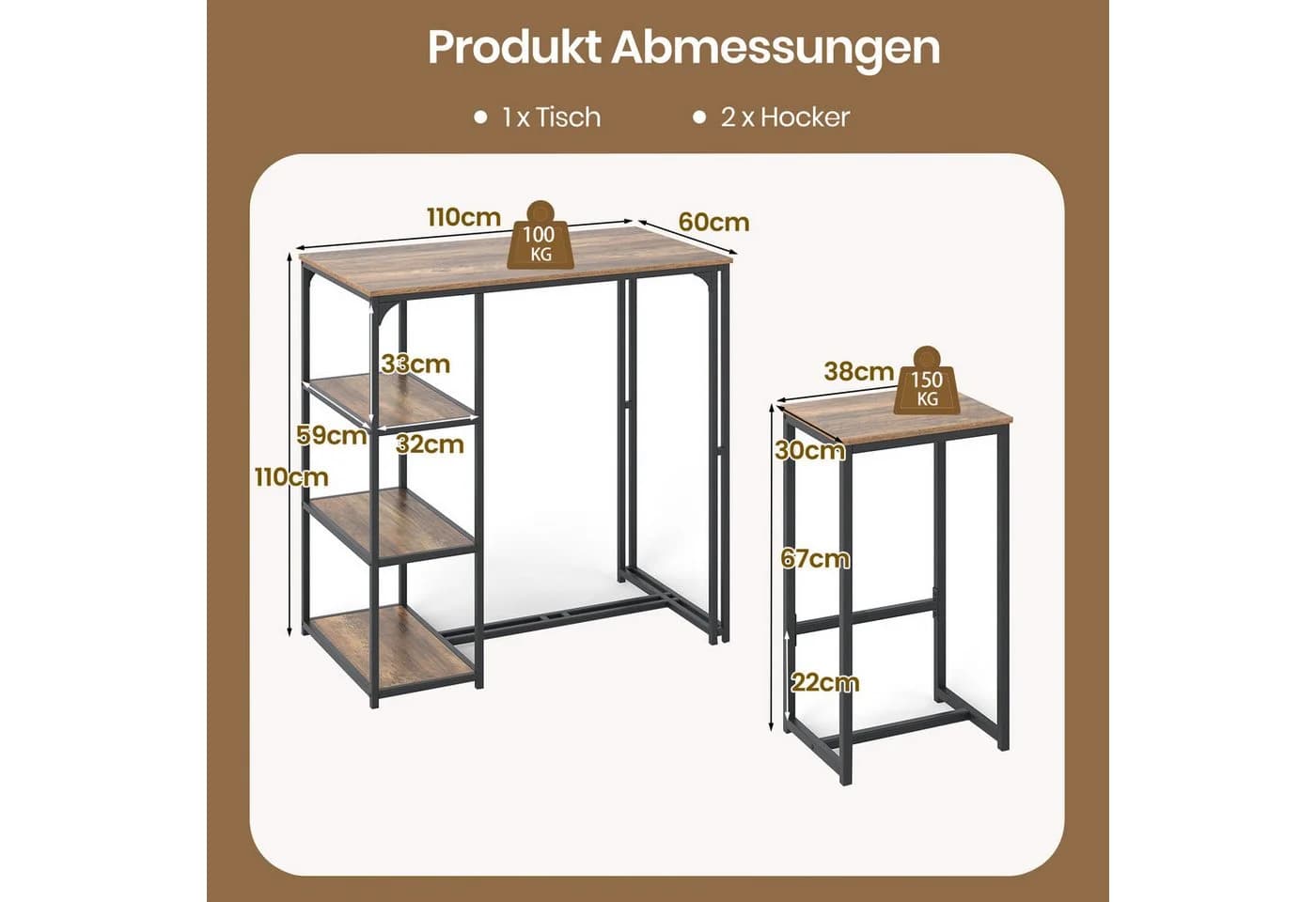 COSTWAY Bartisch Set mit 2 Barhockern Braun Schwarz Industriestil - Bild 5