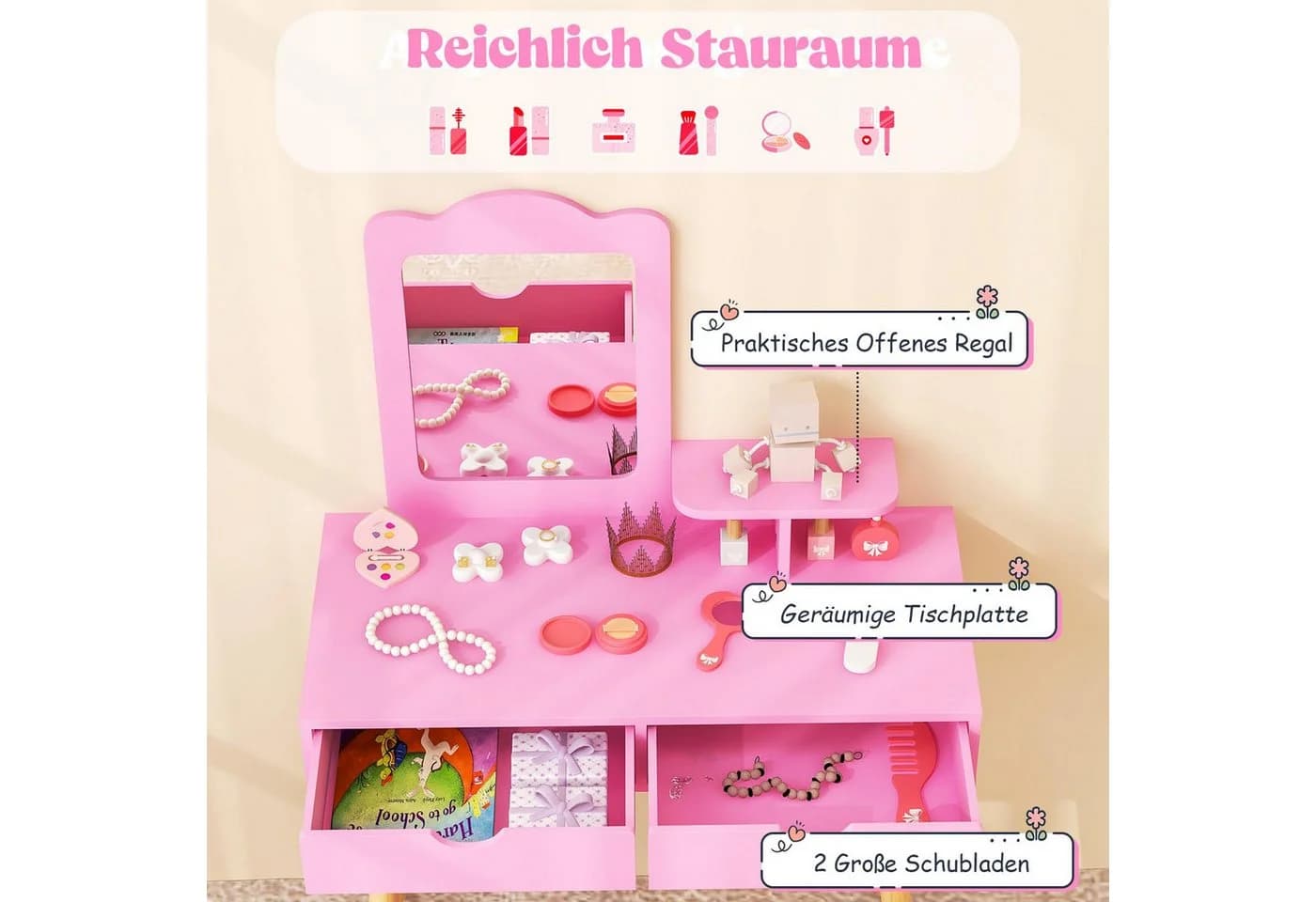 COSTWAY Schminktisch 2 in 1 Kinder Schreibtisch mit Hocker, aus Holz Rosa