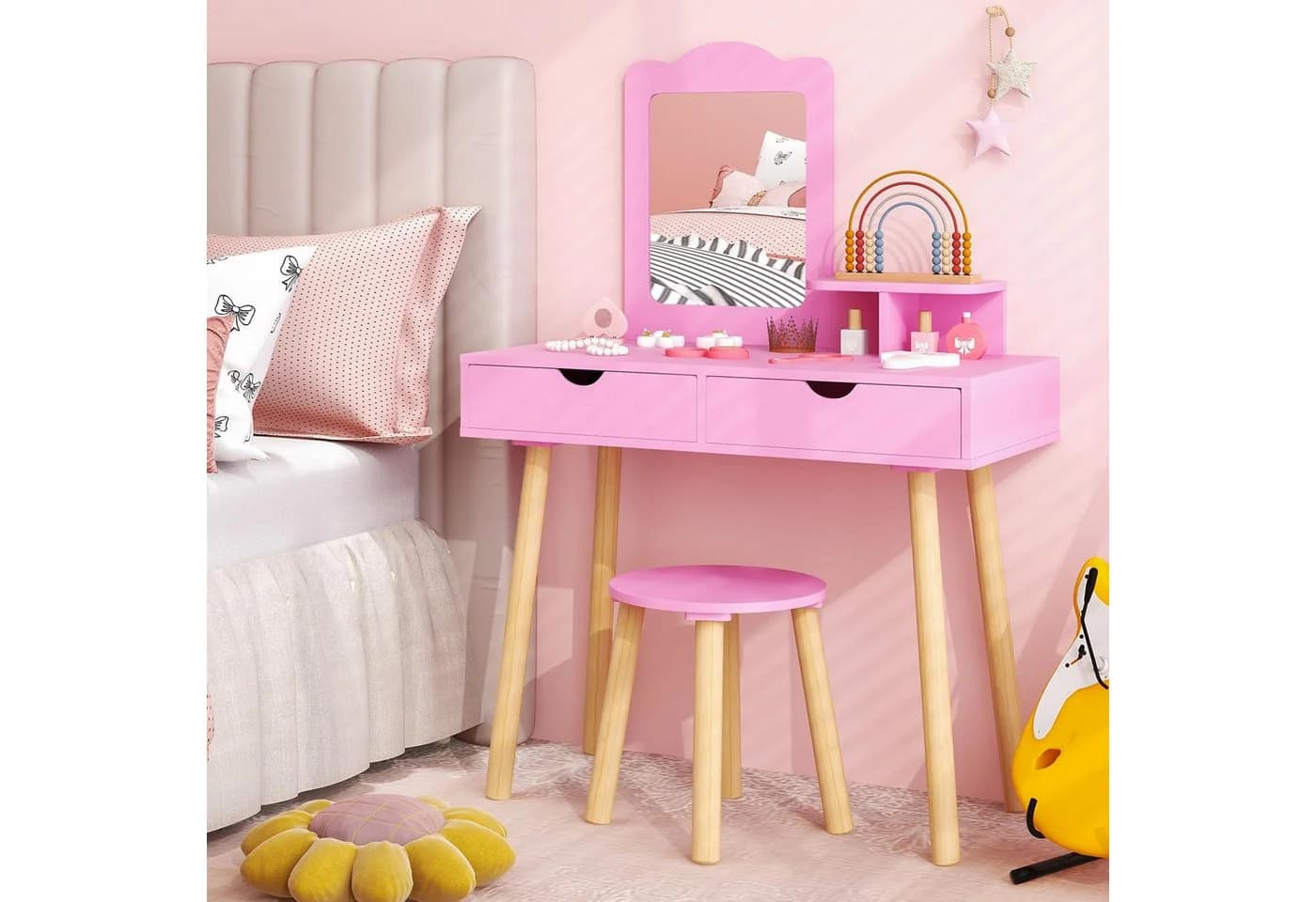 COSTWAY Schminktisch 2 in 1 Kinder Schreibtisch mit Hocker, aus Holz Rosa - Bild 2